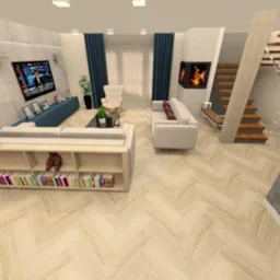 Wizualizacja przestronnego salonu z drewnianymi schodami, dwiema sofami, telewizorem i podłogą ułożoną w jodełkę, z logo firmy KATKA w prawym dolnym rogu.