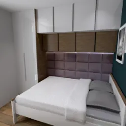 Wizualizacja sypialni z łóżkiem z fioletowym zagłówkiem, białymi szafkami wiszącymi i ciemną ścianą z grafikami w białych ramkach.