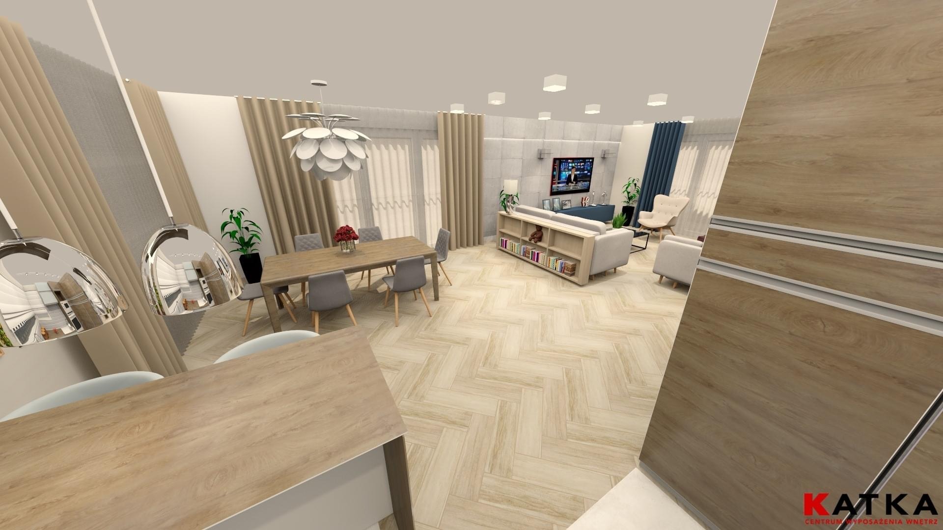 Wizualizacja przestronnego salonu z jadalnią, parkiet ułożony w jodełkę, drewniany stół z szarymi krzesłami, kremowa sofa z regałem, telewizor na ścianie, oświetlenie punktowe i dekoracyjna lampa...