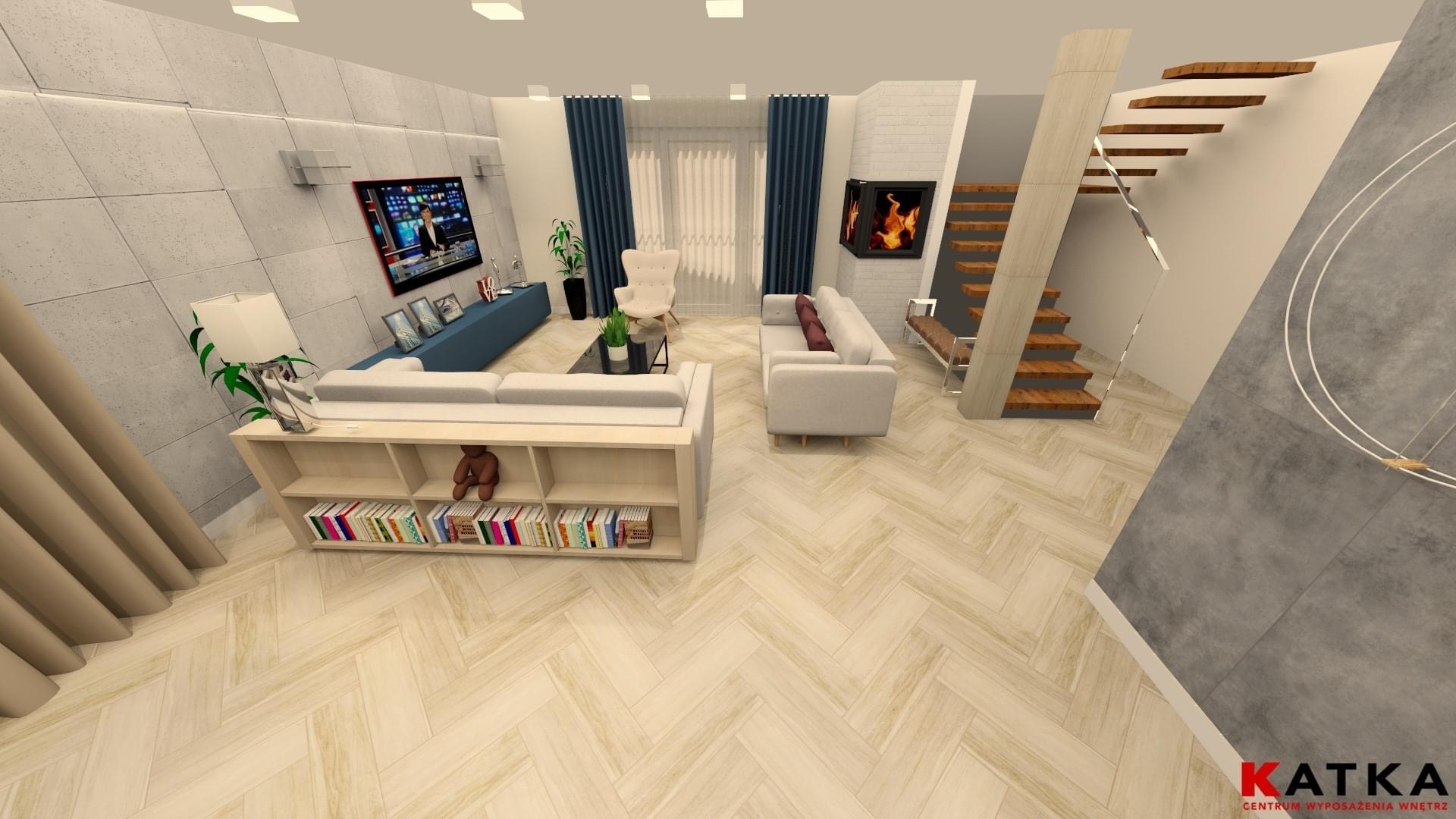 Wizualizacja przestronnego salonu z drewnianymi schodami, dwiema sofami, telewizorem i podłogą ułożoną w jodełkę, z logo firmy KATKA w prawym dolnym rogu.
