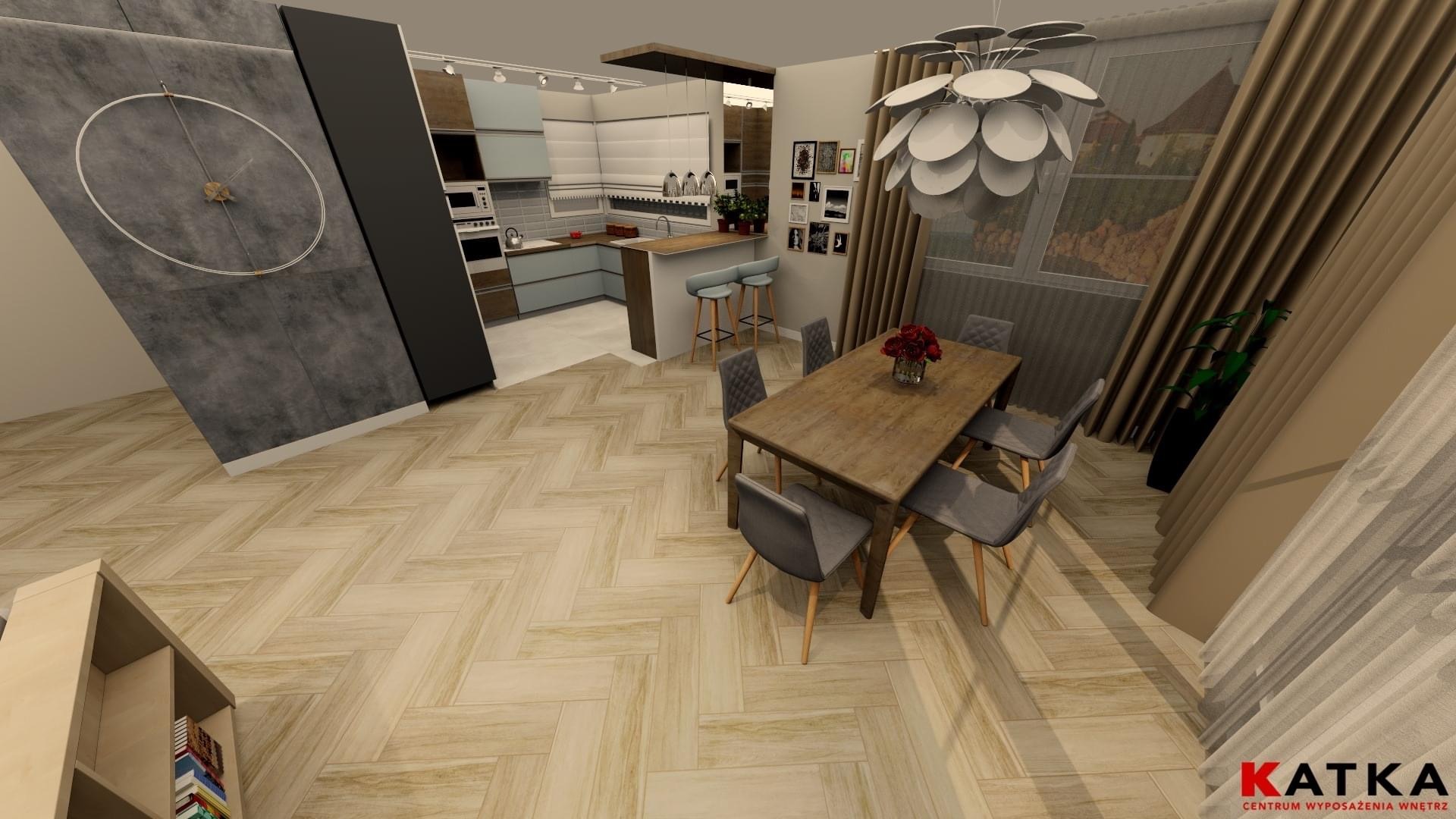 Wizualizacja wnętrza: kuchnia z wyspą barową przechodząca w jadalnię z drewnianym stołem i szarymi krzesłami, duży zegar na ścianie, parkiet ułożony w jodełkę.