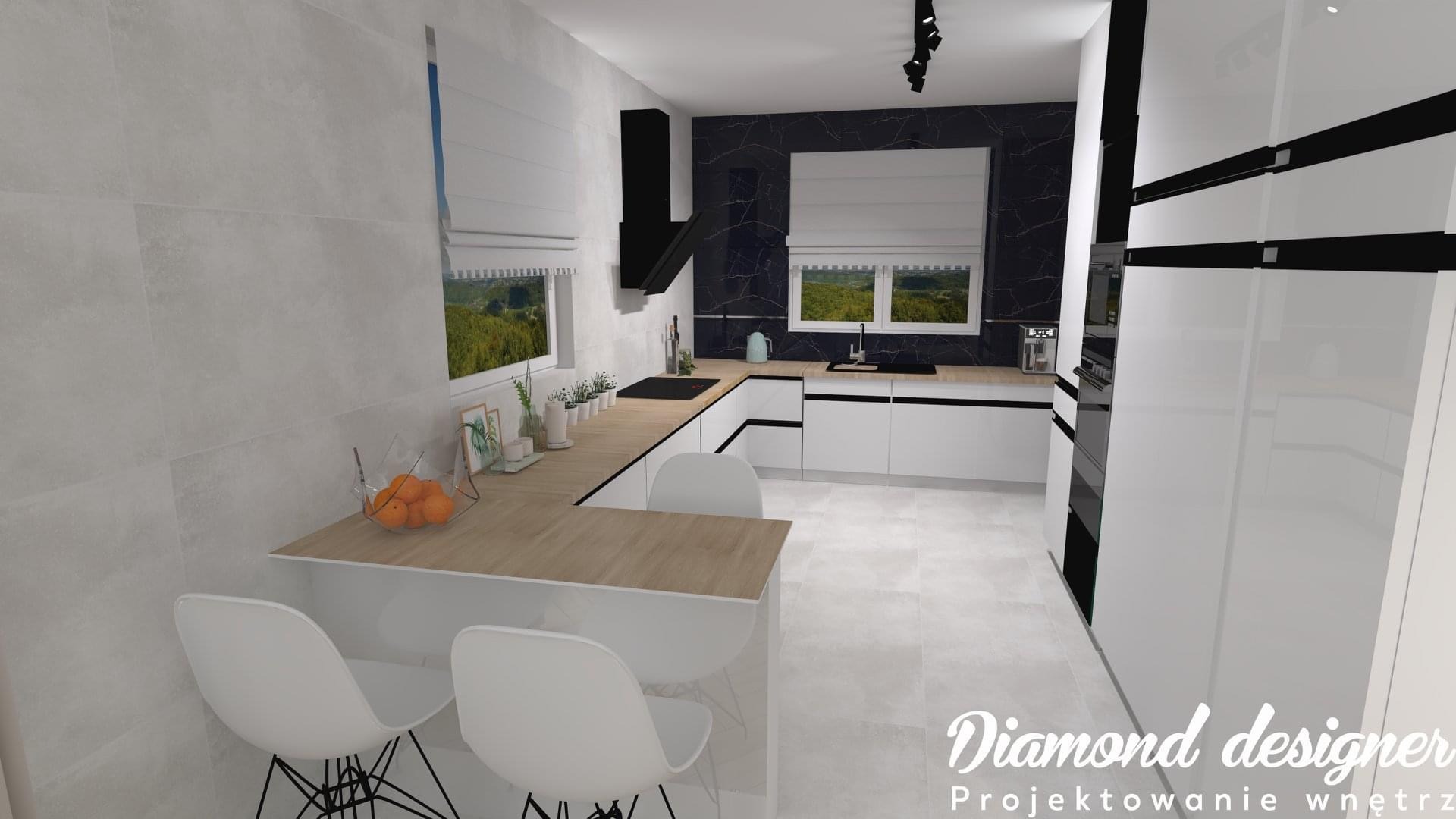 Wizualizacja nowoczesnej kuchni z białymi szafkami, drewnianym blatem i czarnym marmurem na ścianie, oświetlona światłem dziennym wpadającym przez okna z widokiem na zieleń.