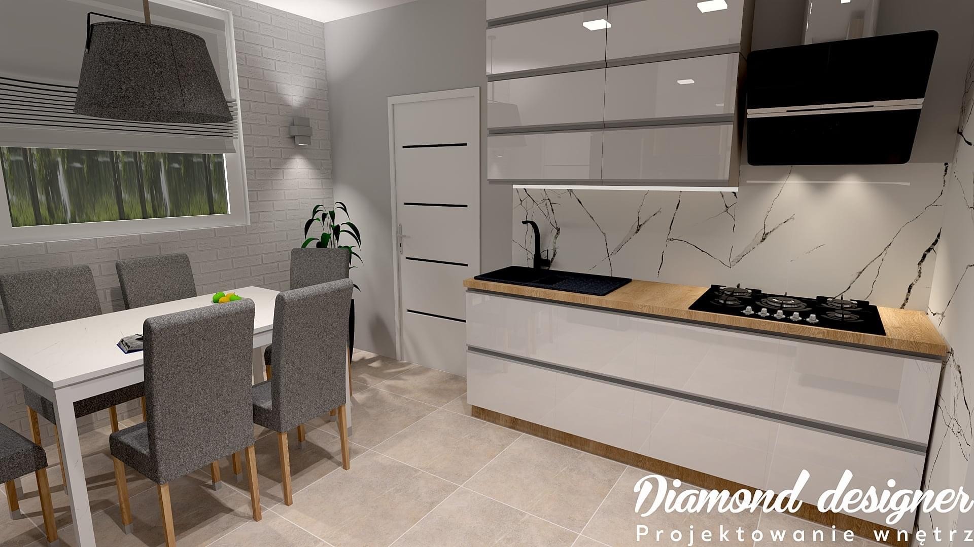 Wizualizacja nowoczesnej kuchni z białymi szafkami, drewnianym blatem, czarną płytą grzewczą i zlewozmywakiem, marmurową ścianą oraz stołem z szarymi krzesłami i lampą z abażurem w tle