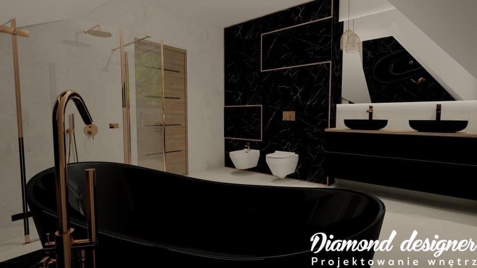 Elegancka łazienka z czarną wanną wolnostojącą i armaturą w kolorze różowego złota, ściana z czarnego marmuru z geometrycznymi wstawkami w kolorze różowego złota, wiszące umywalki nablatowe i toaleta.