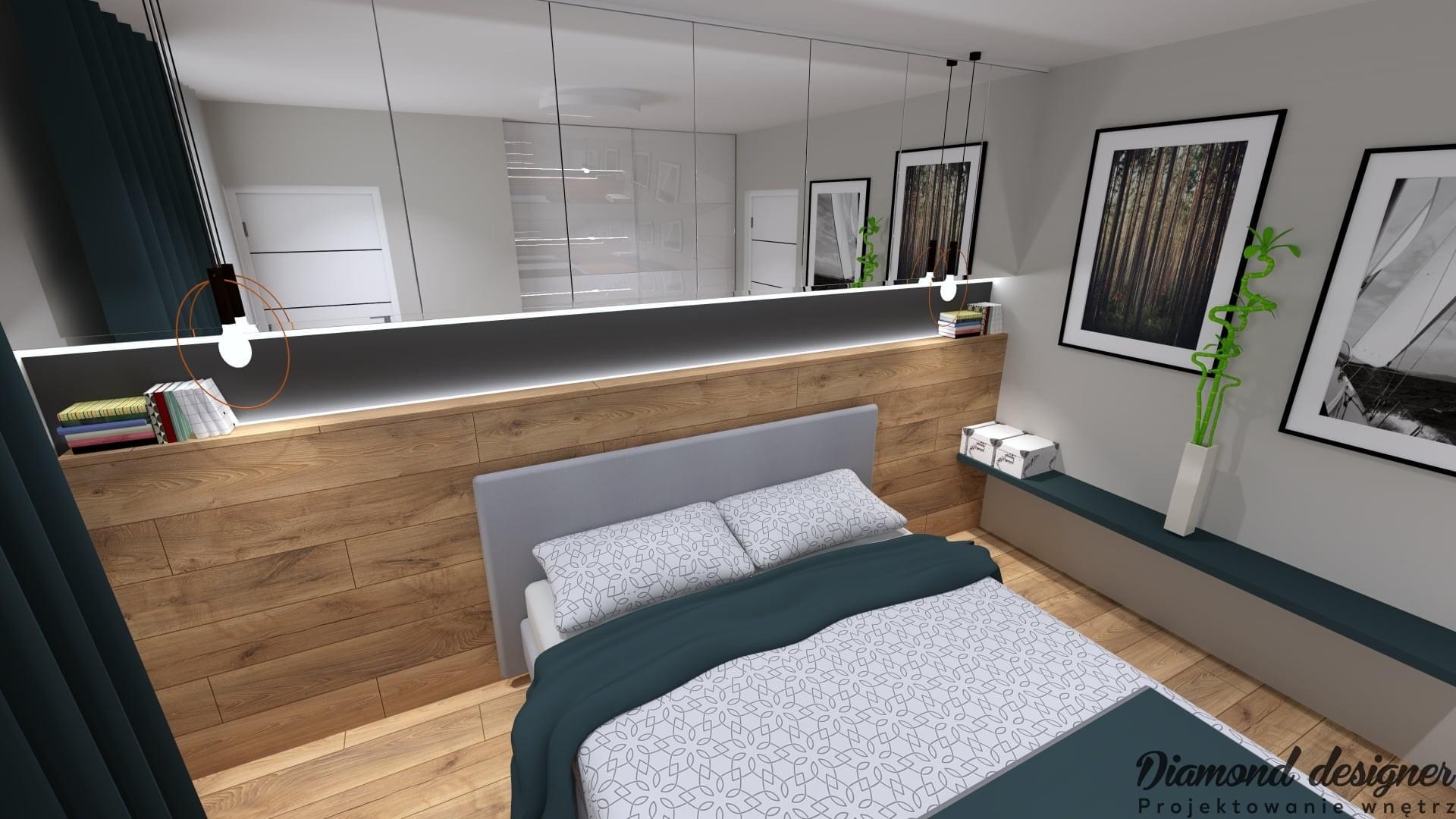 Wizualizacja sypialni z drewnianą ścianą, podświetlaną półką, szarym łóżkiem i minimalistycznymi dekoracjami, w tym obrazami w czarnych ramkach i bambusem w białym wazonie.