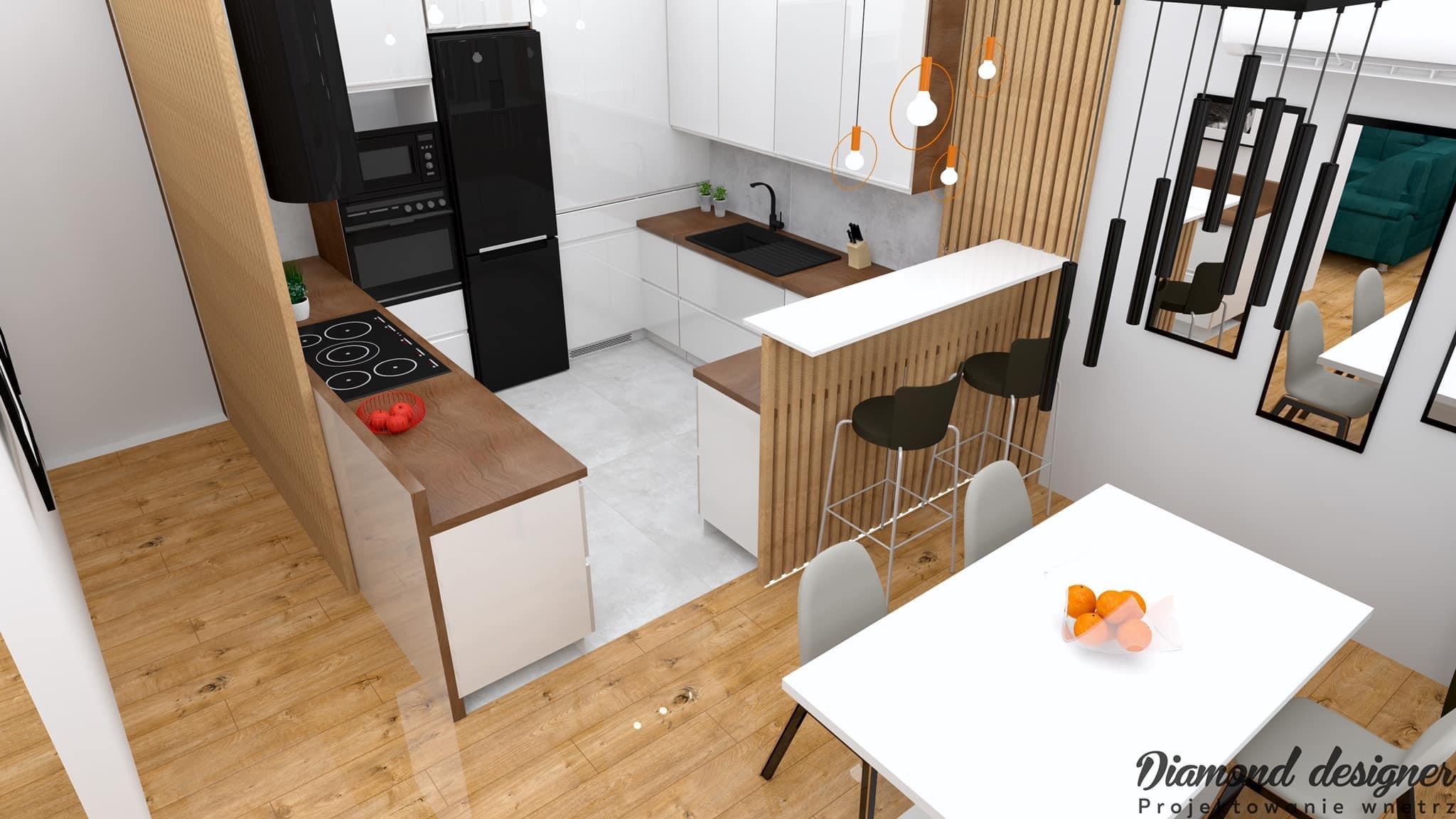Wizualizacja nowoczesnej kuchni z jadalnią, białe szafki, drewniany blat, czarne AGD, wyspa z hokerami, stół z owocami, parkiet na podłodze, lustra na ścianie odbijające zieloną sofę.