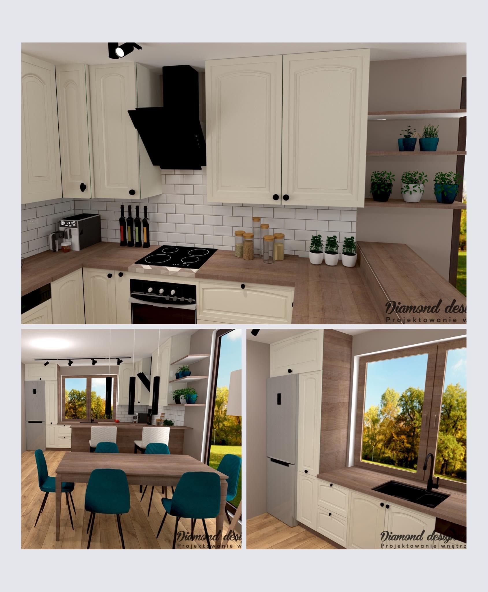 Wizualizacja kuchni z beżowymi szafkami, drewnianym blatem, czarnym okapem i białymi płytkami na ścianie, uzupełniona o stół z turkusowymi krzesłami i widokiem na ogród za oknem.