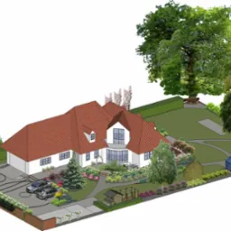 Wizualizacja 3D projektu zagospodarowania przestrzeni wokół domu jednorodzinnego z ogrodem, podjazdem, altaną i szklarnią.