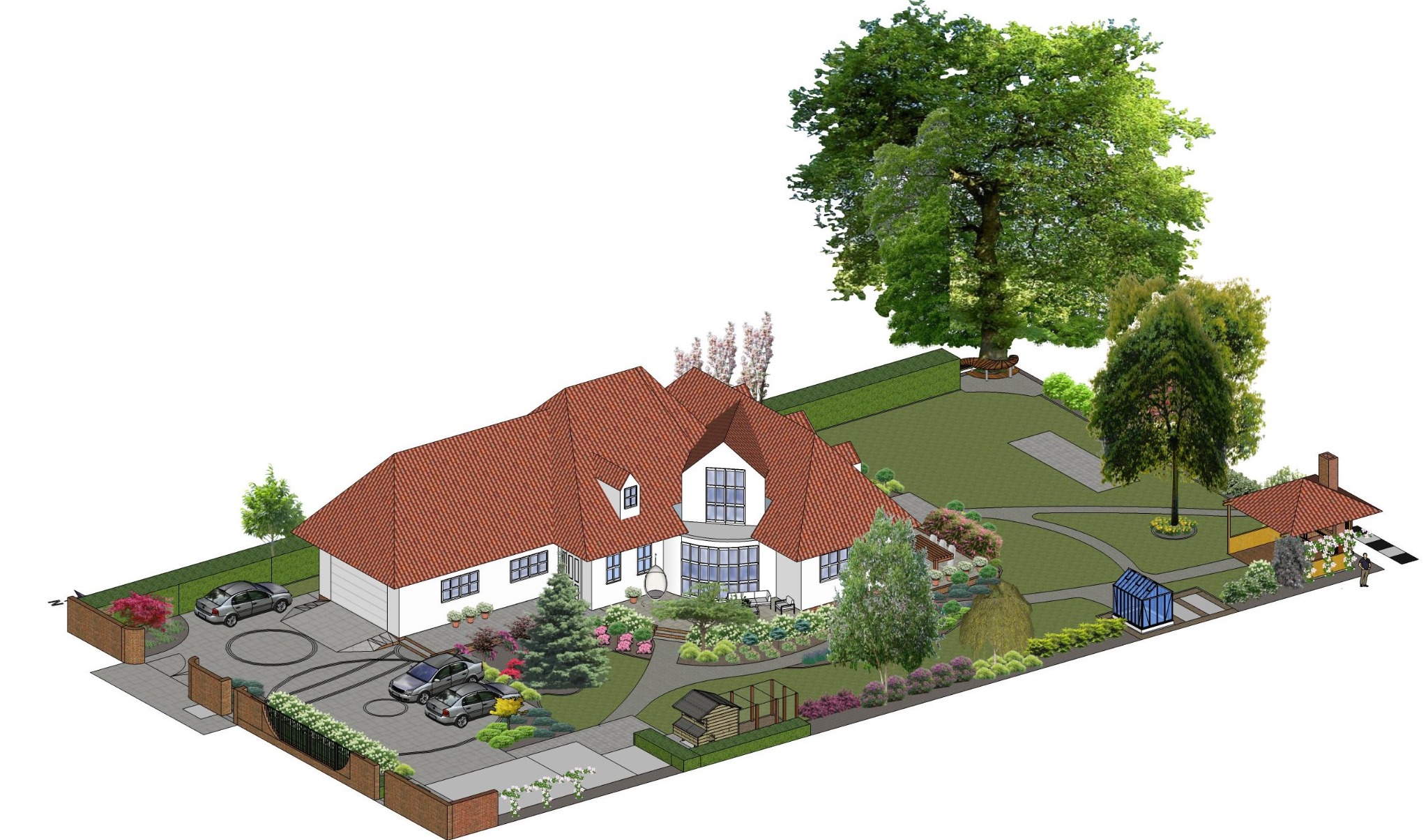 Wizualizacja 3D projektu zagospodarowania przestrzeni wokół domu jednorodzinnego z ogrodem, podjazdem, altaną i szklarnią.