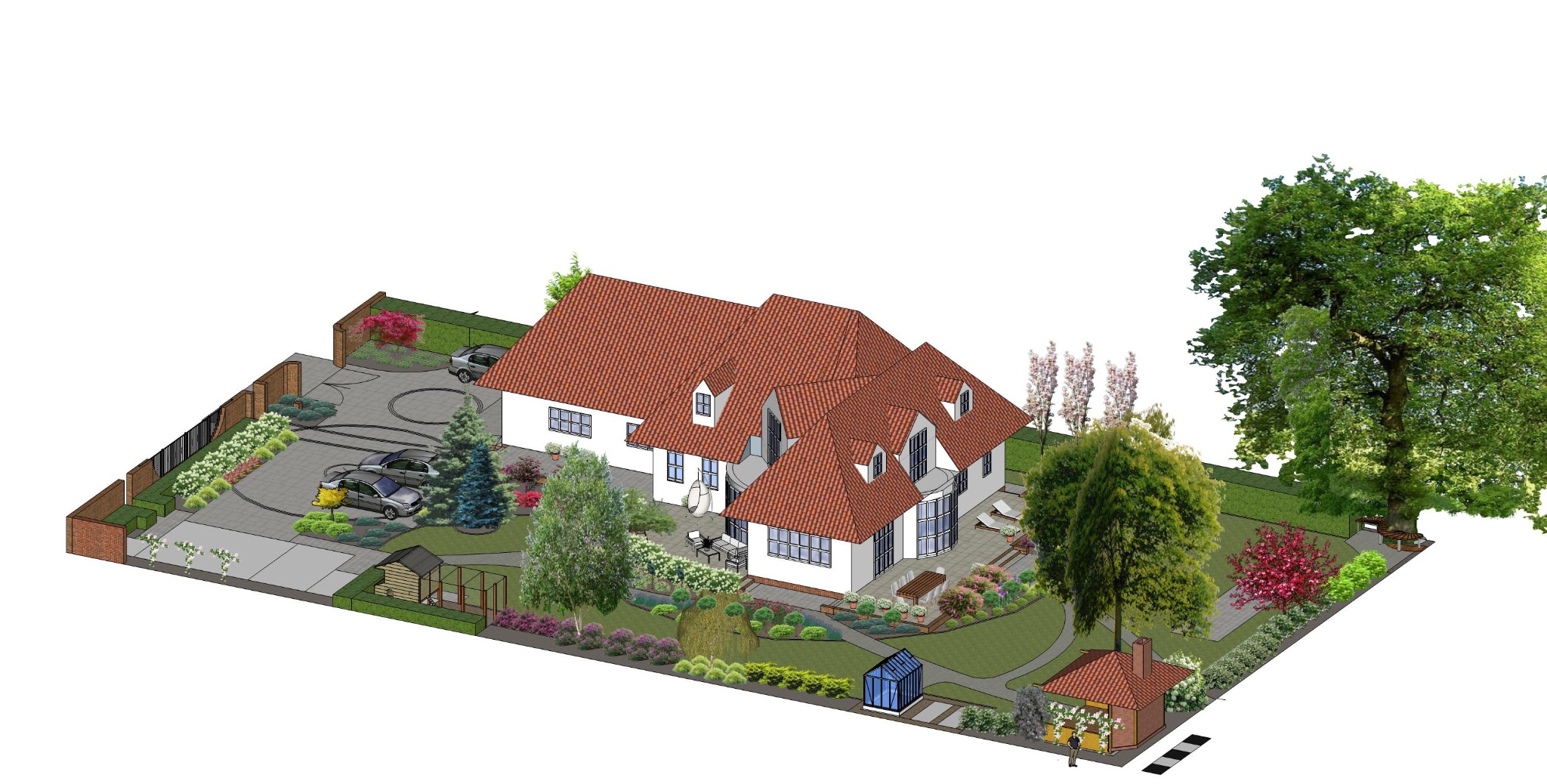 Wizualizacja 3D projektu zagospodarowania przestrzeni wokół domu jednorodzinnego z podjazdem, tarasem, ogrodem kwiatowym, małą architekturą oraz drzewami i krzewami.