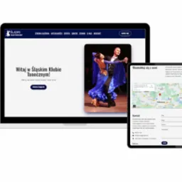 Prezentacja strony internetowej szkoły tańca na laptopie i tablecie, widoczna para tańcząca w strojach galowych i formularz kontaktowy z mapą Katowic.