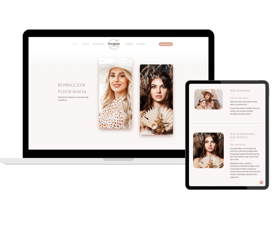 Ekran laptopa i tabletu prezentujące stronę internetową fotografa z portfolio sesji zdjęciowych, stonowana kolorystyka, minimalistyczny design.