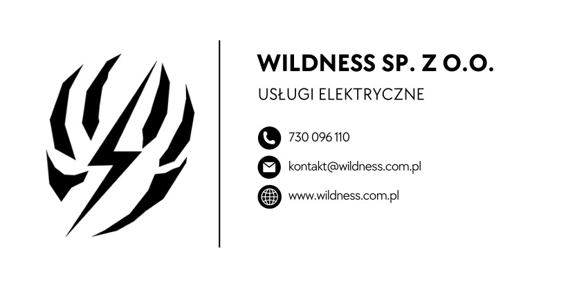 Wizytówka firmy Wildness Sp. z o.o. świadczącej usługi elektryczne z logo przedstawiającym stylizowany symbol błyskawicy. Zawiera numer telefonu, adres e-mail i adres strony internetowej.