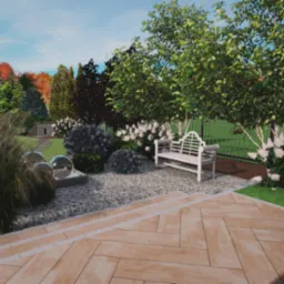 Koncepcja ogrodu w Golina: ścieżka z płyt, żwirowa nawierzchnia, srebrne kule, biała ławka i bujna roślinność. Projekt z dbałością o detale i harmonię.