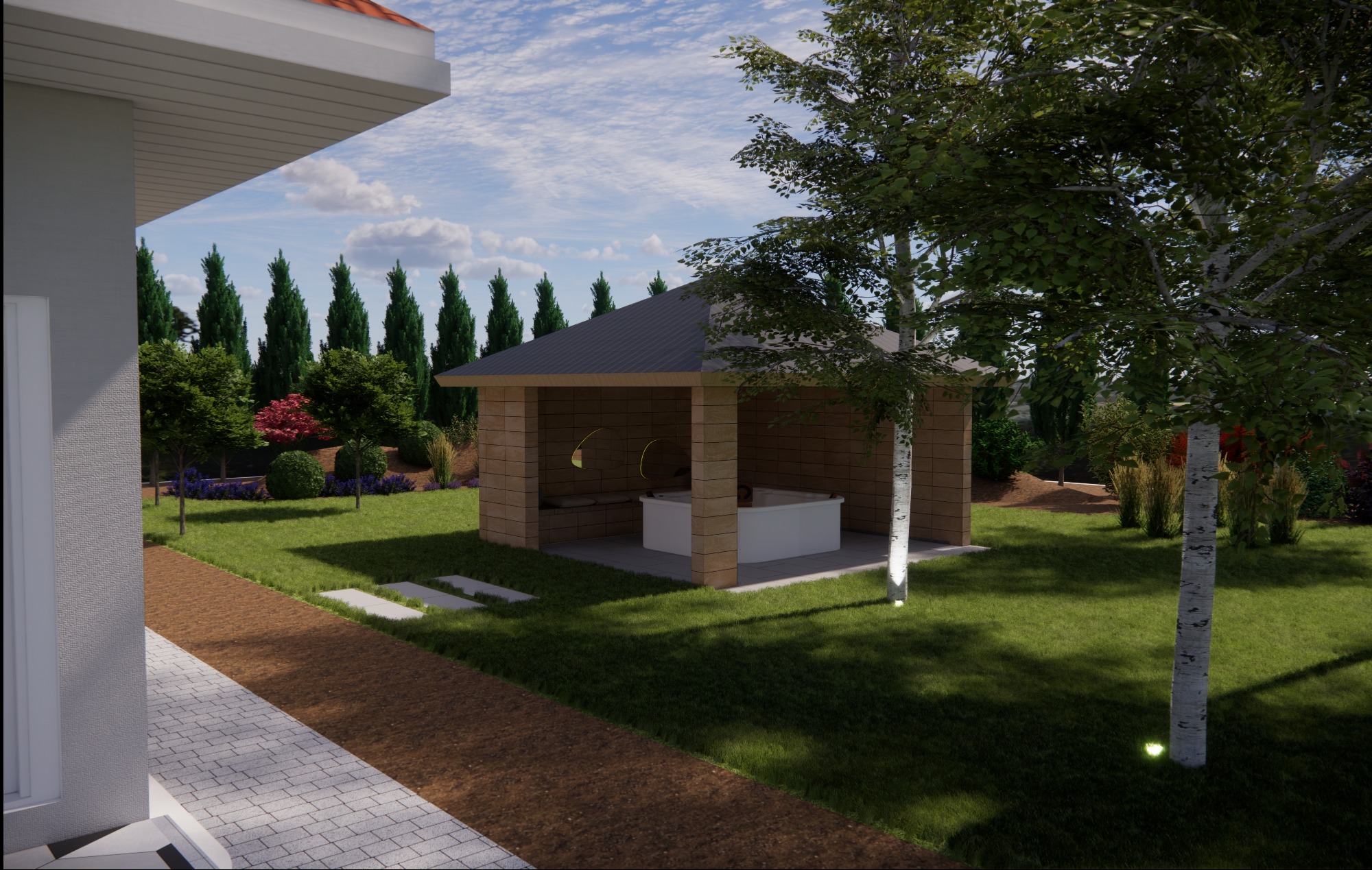 Wizualizacja ogrodu z altaną z jacuzzi, trawnikiem, drzewami i ścieżką z kostki. Całość w słoneczny dzień, z widocznymi detalami architektury krajobrazu.