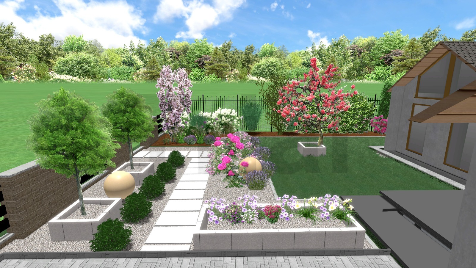 Wizualizacja ogrodu z kwitnącymi drzewami, ścieżką z płyt i rabatami kwiatowymi. Elementy dekoracyjne w postaci kul. Tło stanowi zielony trawnik i drzewa.