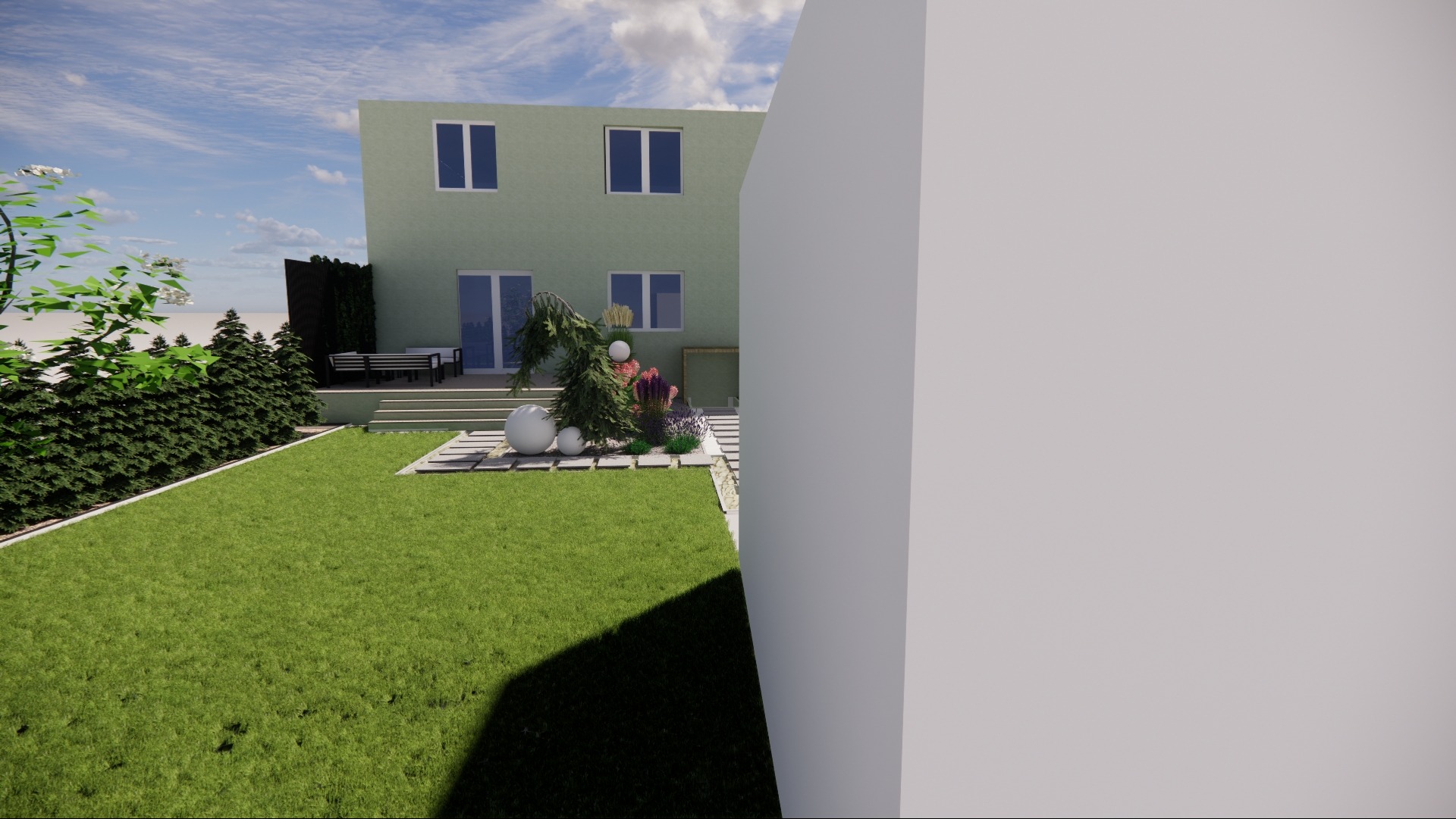 Wizualizacja ogrodu z nowoczesnym domem w tle. Widoczny trawnik, krzewy, drzewa iglaste i ozdobne kule. Część ogrodu zasłonięta przez fragment ściany budynku.