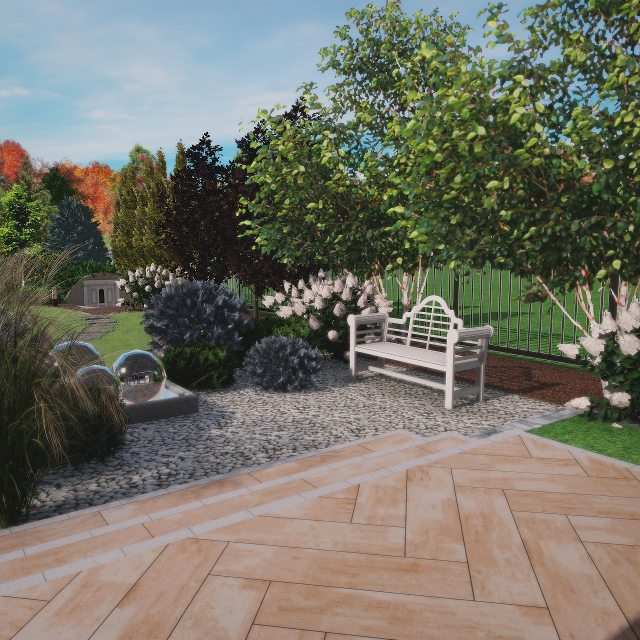 Koncepcja ogrodu w Golina: ścieżka z płyt, żwirowa nawierzchnia, srebrne kule, biała ławka i bujna roślinność. Projekt z dbałością o detale i harmonię.