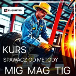 Mężczyzna w roboczym ubraniu i żółtym kapeluszu spawa metalową konstrukcję, widoczne iskry, w tle opona i napis 'Kurs Spawacz od metody MIG MAG TIG'.