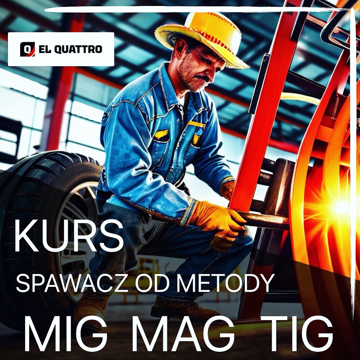 Mężczyzna w roboczym ubraniu i żółtym kapeluszu spawa metalową konstrukcję, widoczne iskry, w tle opona i napis 'Kurs Spawacz od metody MIG MAG TIG'.