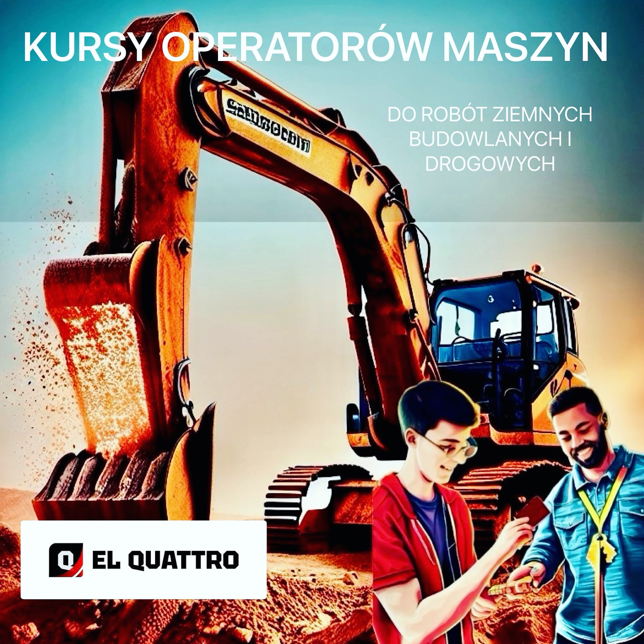 Grafika promocyjna kursu operatorów maszyn budowlanych z ilustracją koparki w tle i dwoma mężczyznami w pierwszym planie, logo firmy w lewym dolnym rogu.