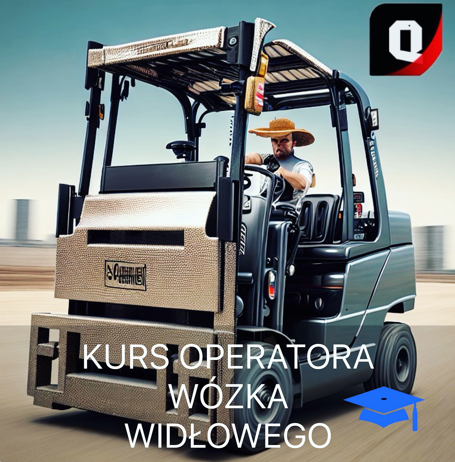Operator w kapeluszu prowadzi wózek widłowy; na pierwszym planie napis 'Kurs operatora wózka widłowego' i grafika czapki absolwenta.