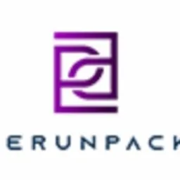 Fioletowo-białe logo firmy Perunpack z geometrycznym symbolem przypominającym spleciony łańcuch w prostokątnej ramce.