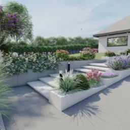 Wizualizacja ogrodu przed nowoczesnym domem z białymi rabatami, schodami i różnorodną roślinnością, w tym fioletowymi kwiatami i wysokimi trawami ozdobnymi, z logo firmy Natura Plan w lewym dolnym...