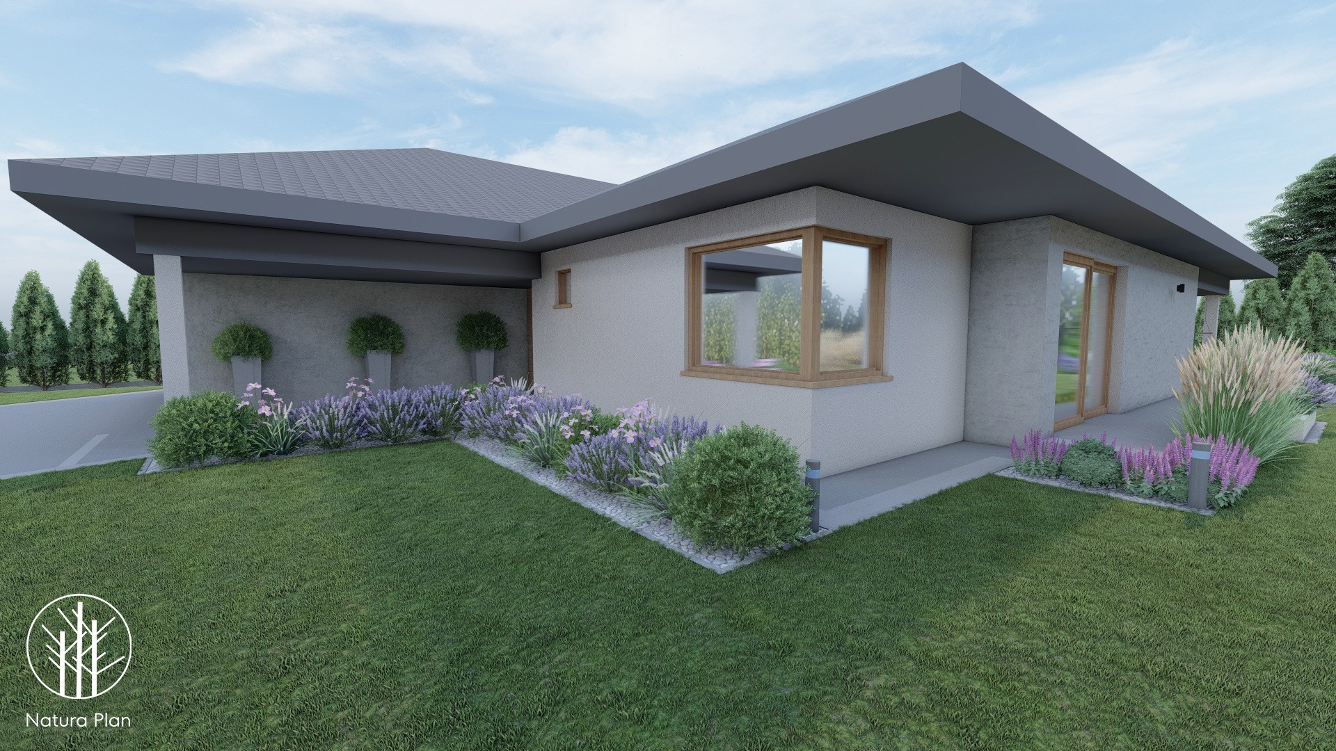 Wizualizacja ogrodu z nowoczesnym domem, rabaty z lawendą i ozdobnymi trawami, minimalistyczne donice z kulistymi krzewami, logo Natura Plan w lewym dolnym rogu.