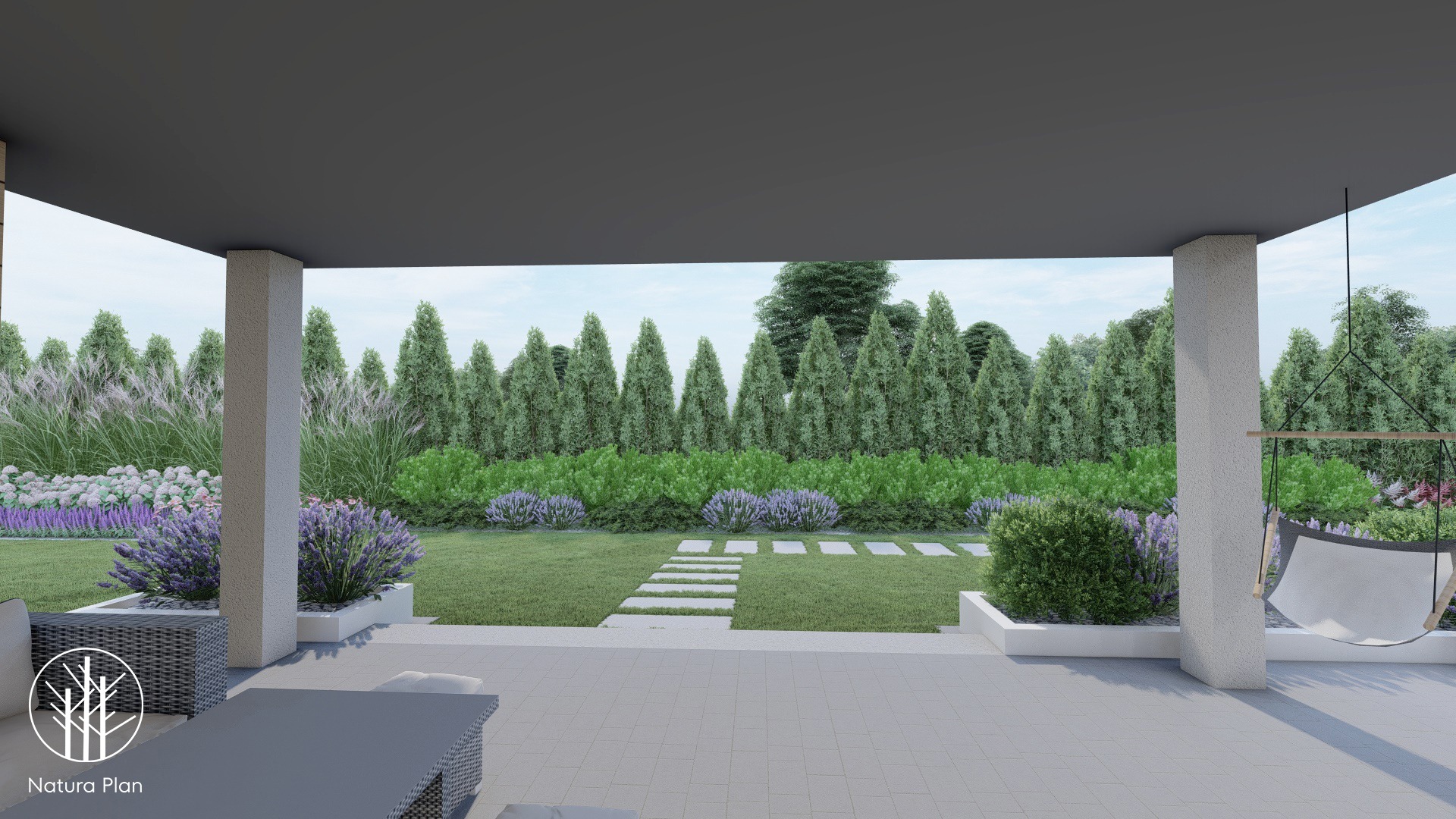 Wizualizacja ogrodu z zadaszonym tarasem, kwitnącą lawendą w betonowych donicach i ścieżką z płyt prowadzącą przez trawnik do żywopłotu z iglaków.