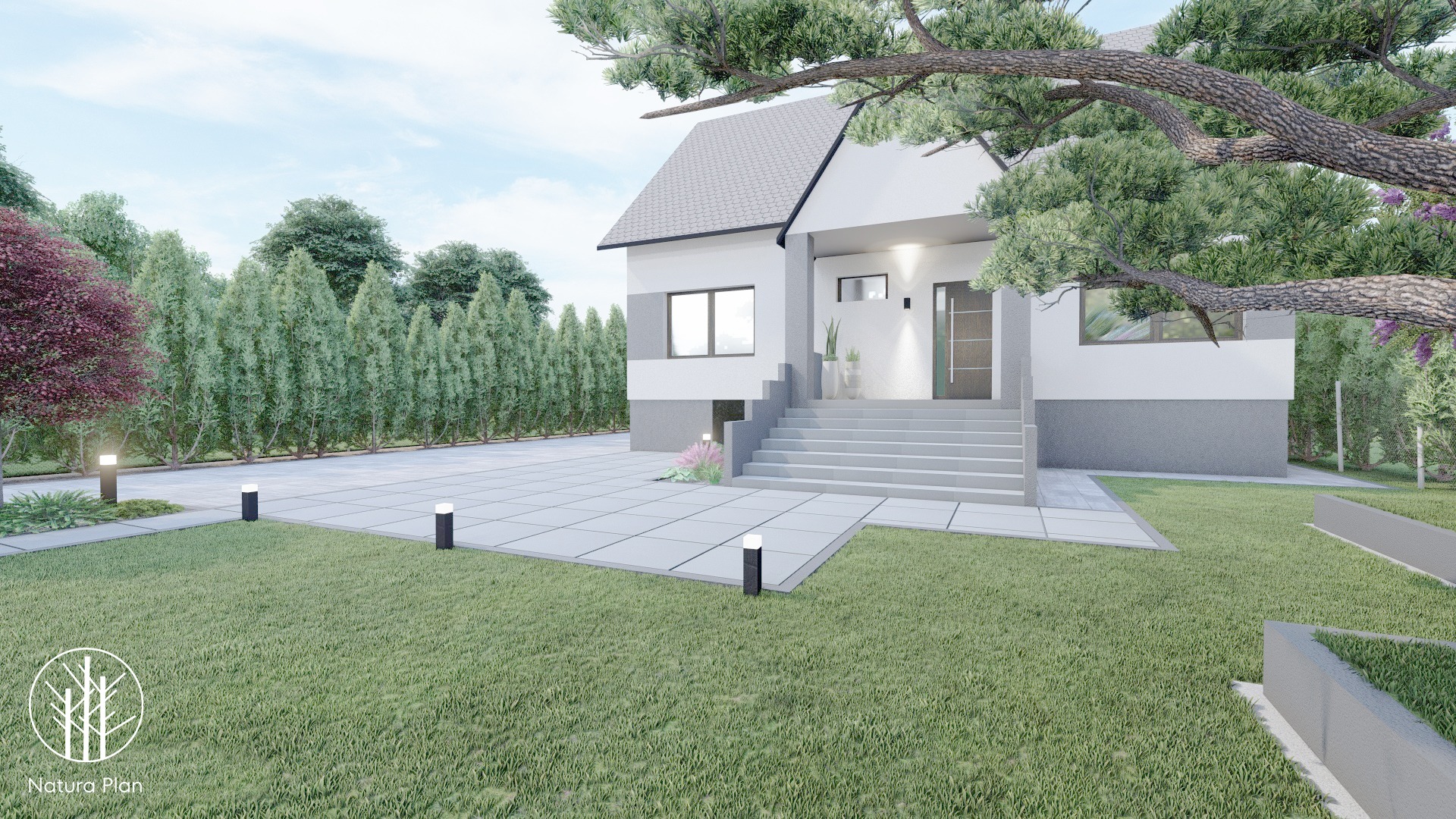 Wizualizacja domu jednorodzinnego z szarymi elementami elewacji, jasnymi schodami wejściowymi i uporządkowanym trawnikiem z nowoczesnym oświetleniem, z widocznym fragmentem rozłożystego drzewa...