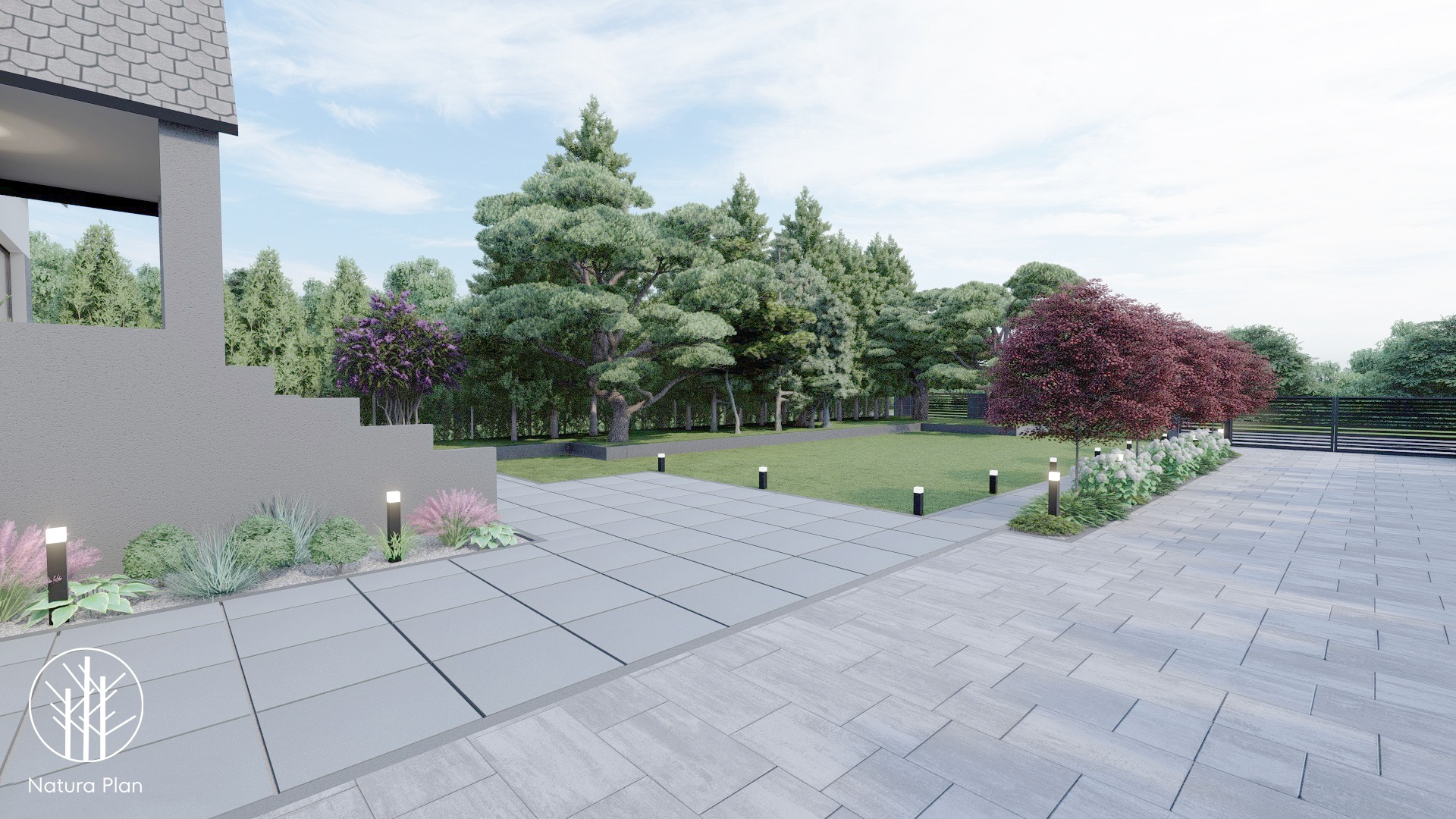 Wizualizacja ogrodu w Opocznie z nowoczesną nawierzchnią z płyt, oświetleniem punktowym i różnorodną roślinnością: drzewa iglaste, krzewy liściaste i rabaty kwiatowe.