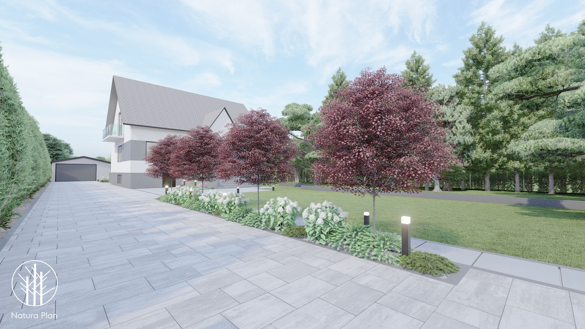 Wizualizacja domu z szarymi płytami chodnikowymi, rzędem bordowych drzew, białymi hortensjami i nowoczesnym oświetleniem ogrodowym.