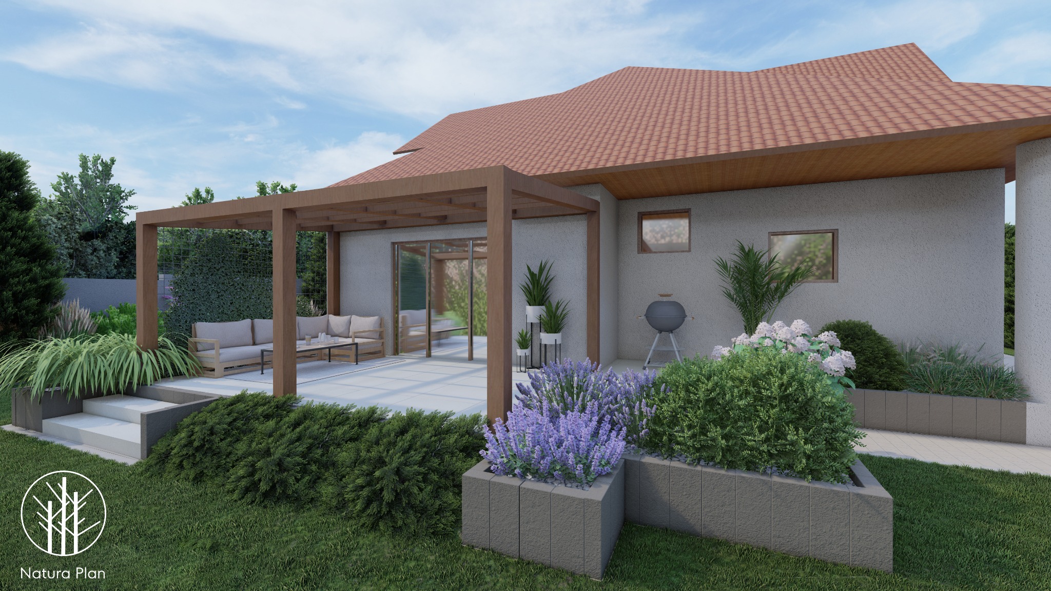 Wizualizacja tarasu z pergolą, betonowymi donicami z lawendą i roślinami ozdobnymi, grill na tle jasnej elewacji domu z małymi oknami.