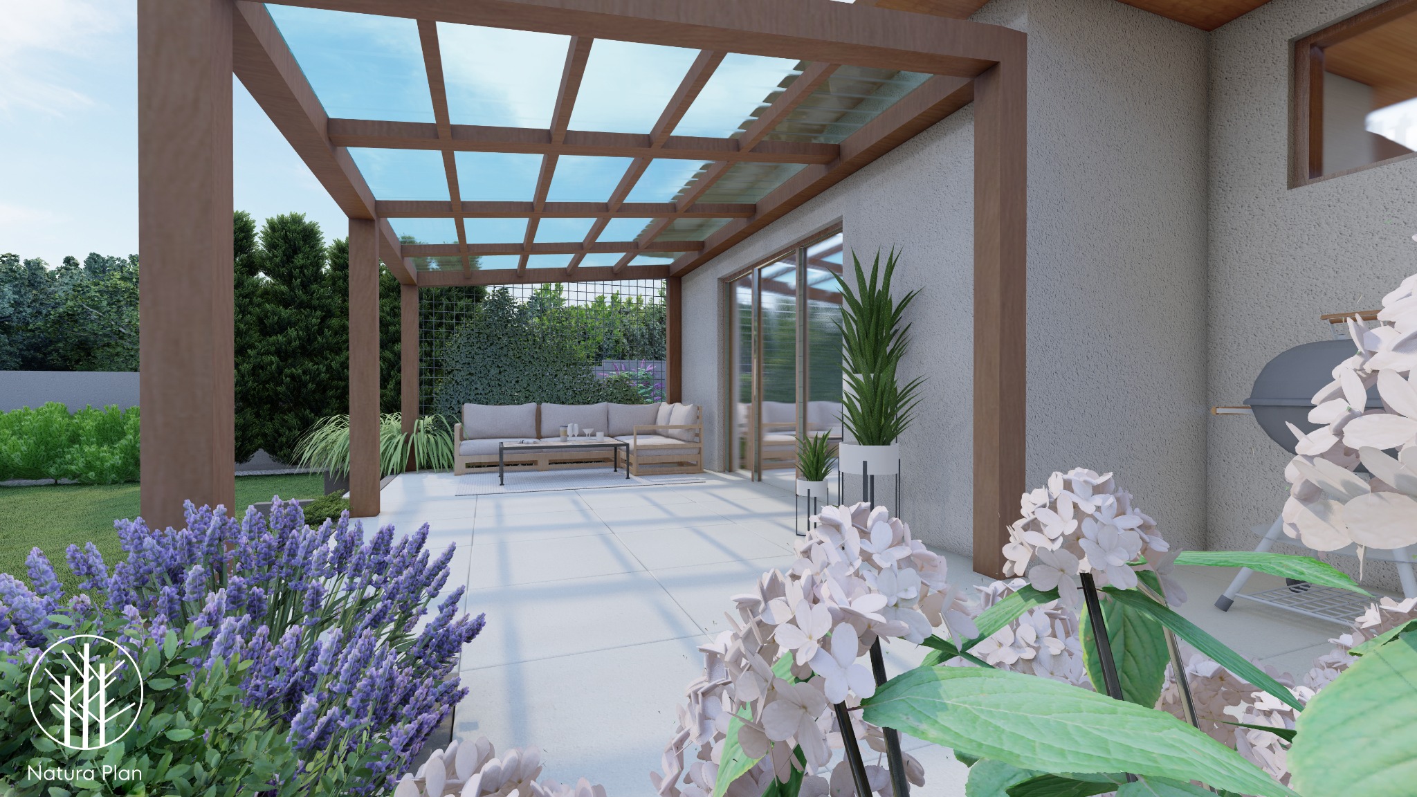 Wizualizacja tarasu z drewnianą pergolą z przezroczystym zadaszeniem, meblami ogrodowymi i bujną roślinnością w odcieniach fioletu i bieli na pierwszym planie.