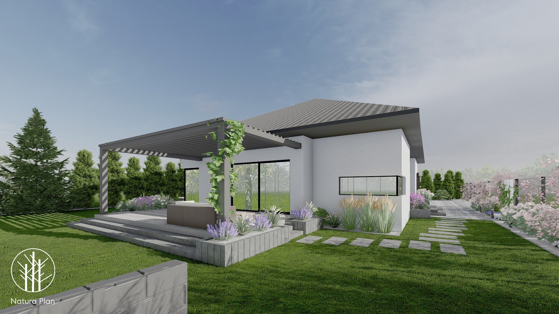 Wizualizacja nowoczesnego domu z tarasem z pergolą porośniętą pnączem, otoczonego zadbanym trawnikiem, rabatami z lawendą i ścieżką z kamiennych płyt.