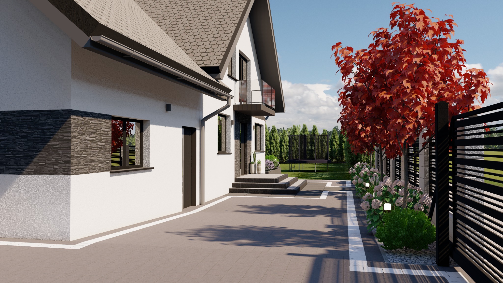 Wizualizacja domu jednorodzinnego z nowoczesną elewacją, ogrodzeniem panelowym i czerwonym drzewem liściastym w ogrodzie.
