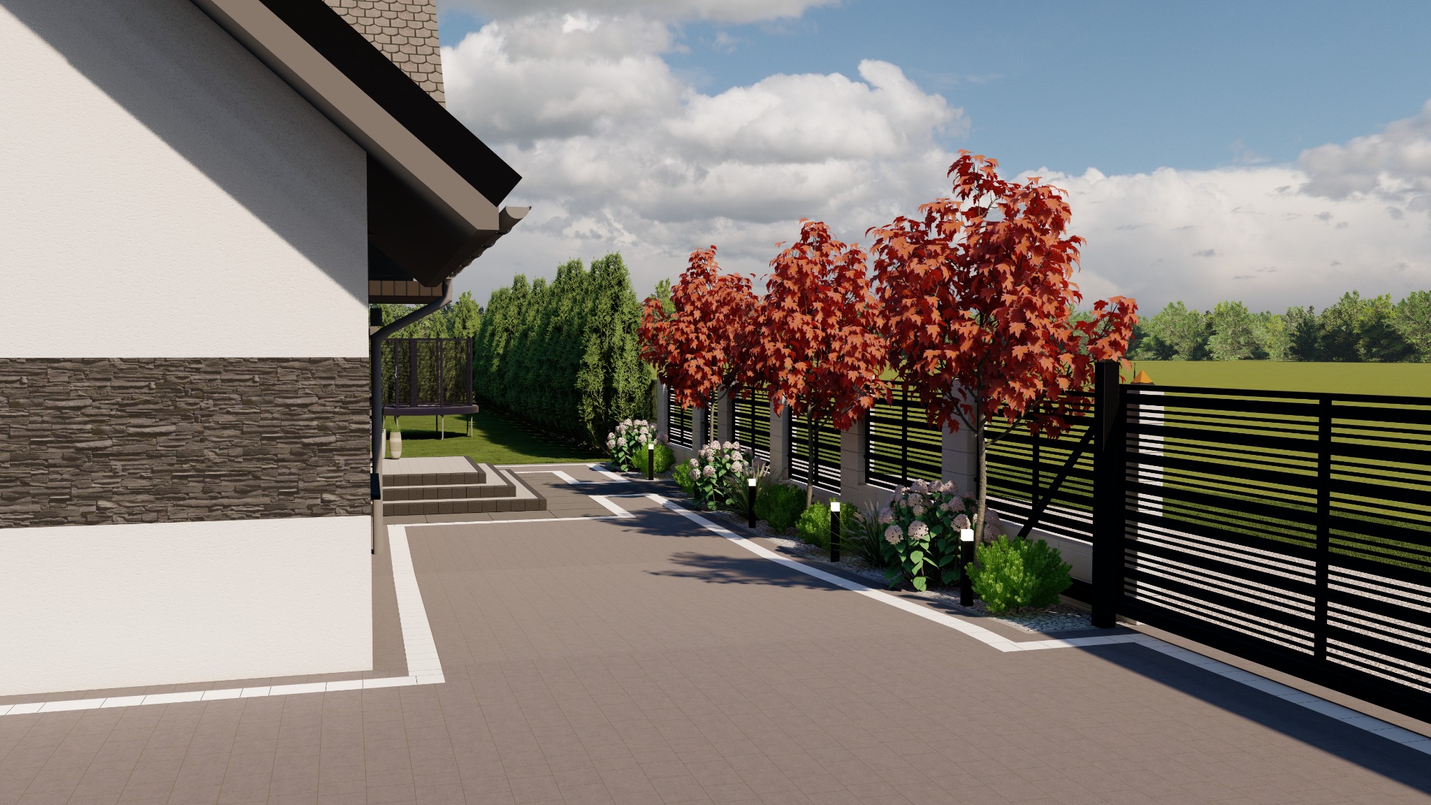 Wizualizacja zagospodarowania przestrzeni przed domem z nowoczesnym ogrodzeniem panelowym, aleją z drzew o czerwonych liściach i niskimi lampami oświetlającymi rabaty z białymi kwiatami.