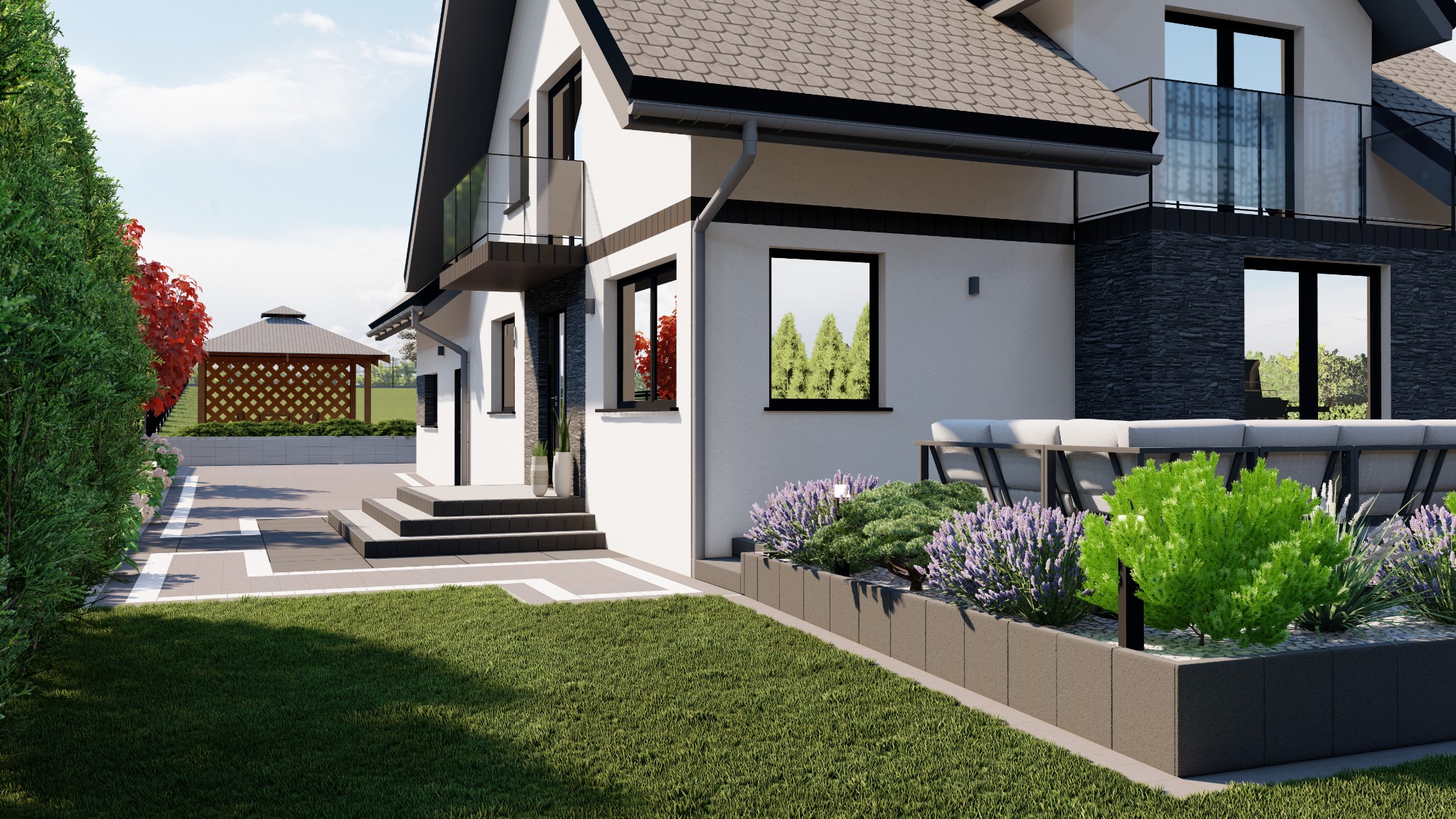 Nowoczesny dom z dwuspadowym dachem i balkonem z czarną balustradą, otoczony zadbanym trawnikiem i rabatą z lawendą oraz ozdobnymi krzewami, w tle altana ogrodowa.