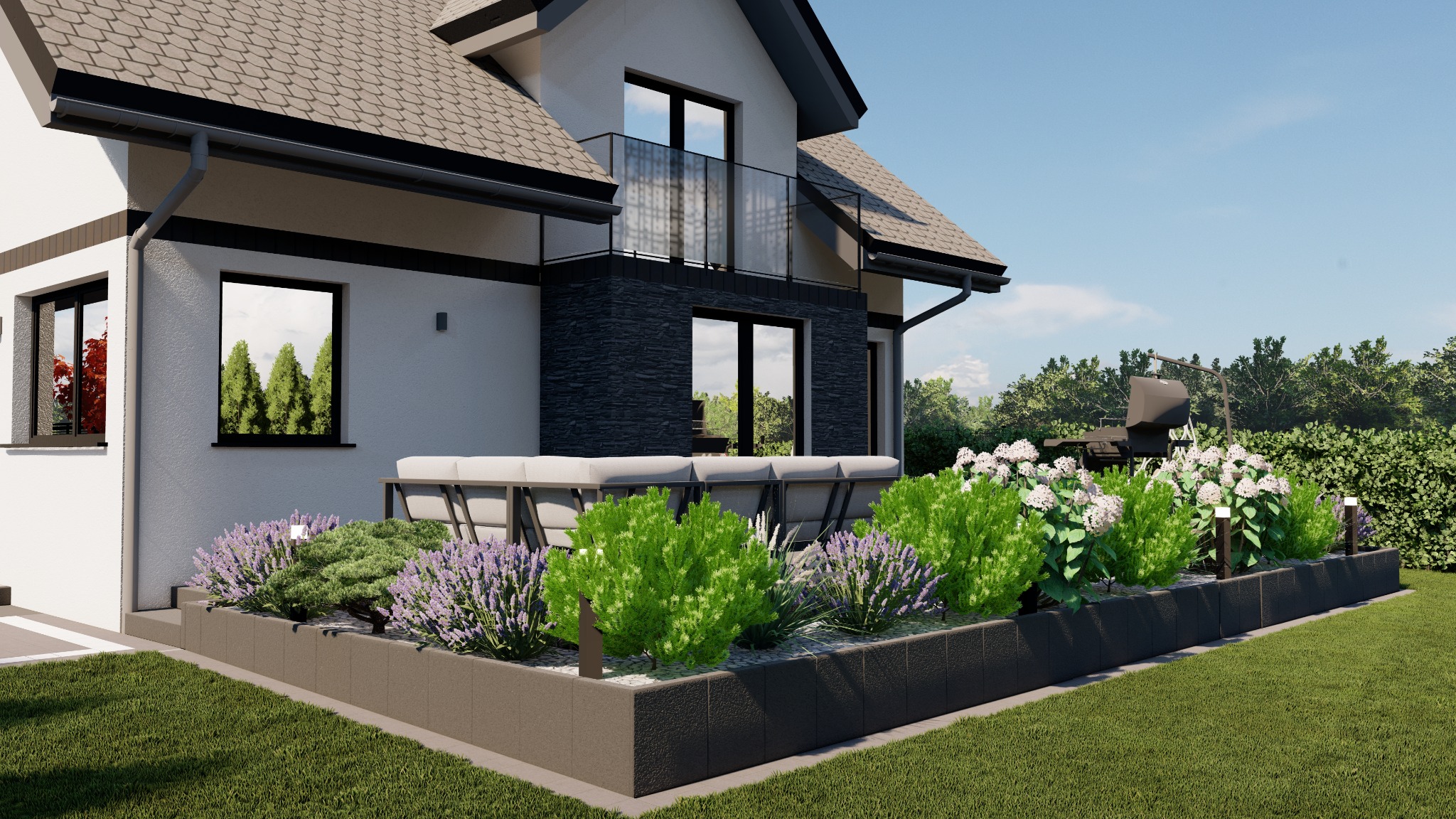 Nowoczesny ogród przy domu z podwyższoną rabatą, oświetleniem punktowym i sofą ogrodową, widok na balkon z przeszkloną balustradą i grill w tle.