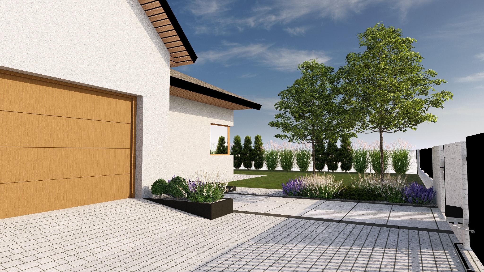 Wizualizacja nowoczesnego domu z ogrodem, gdzie na pierwszym planie widoczny jest geometryczny klomb z kwitnącymi roślinami, obok jasna kostka brukowa, a w tle schludny trawnik i rząd iglaków.