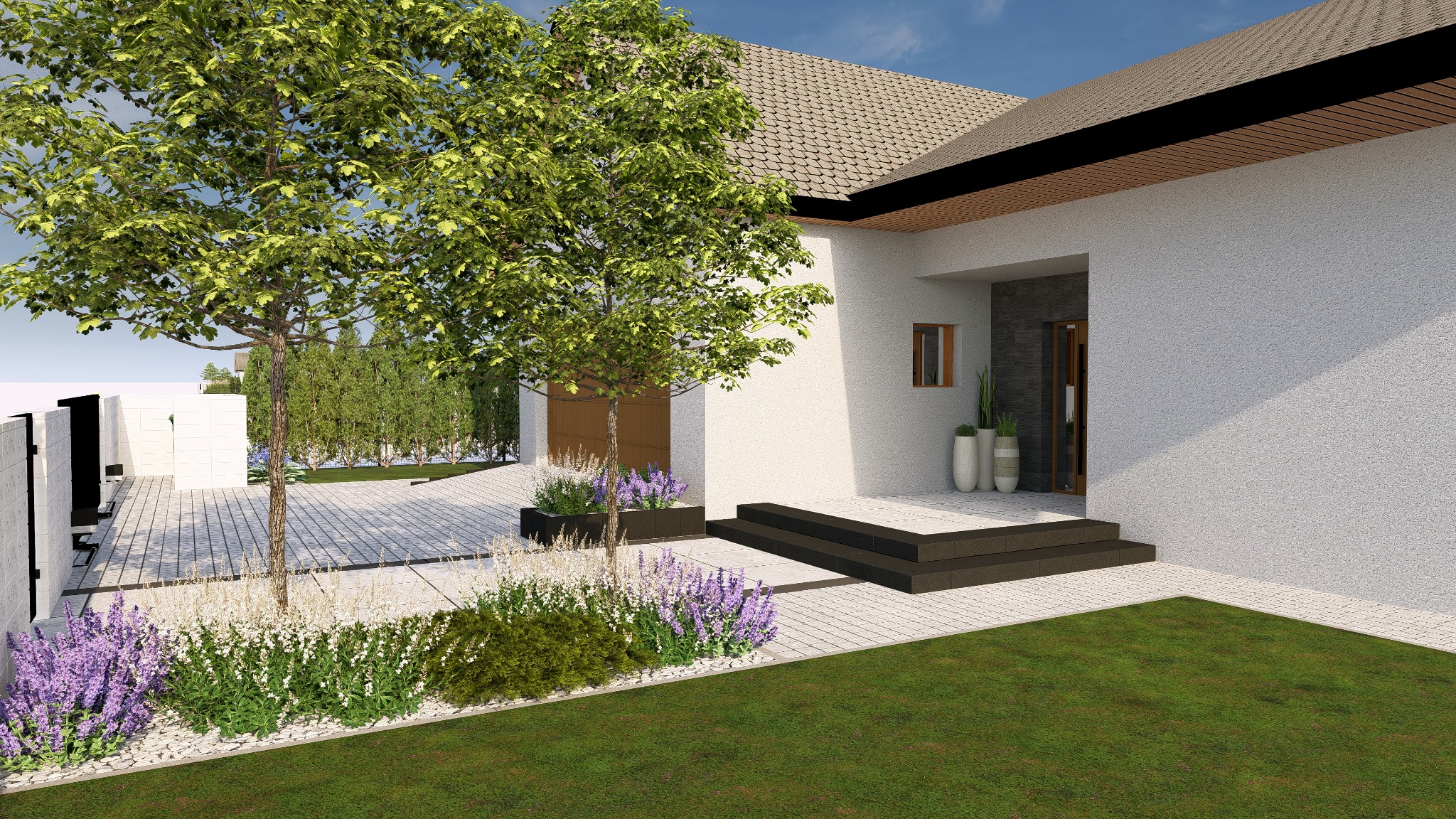 Wizualizacja domu jednorodzinnego z ogrodem frontowym, gdzie dominują kwitnące lawendy i drzewa liściaste, a ścieżka z jasnej kostki prowadzi do wejścia z czarnymi schodami.