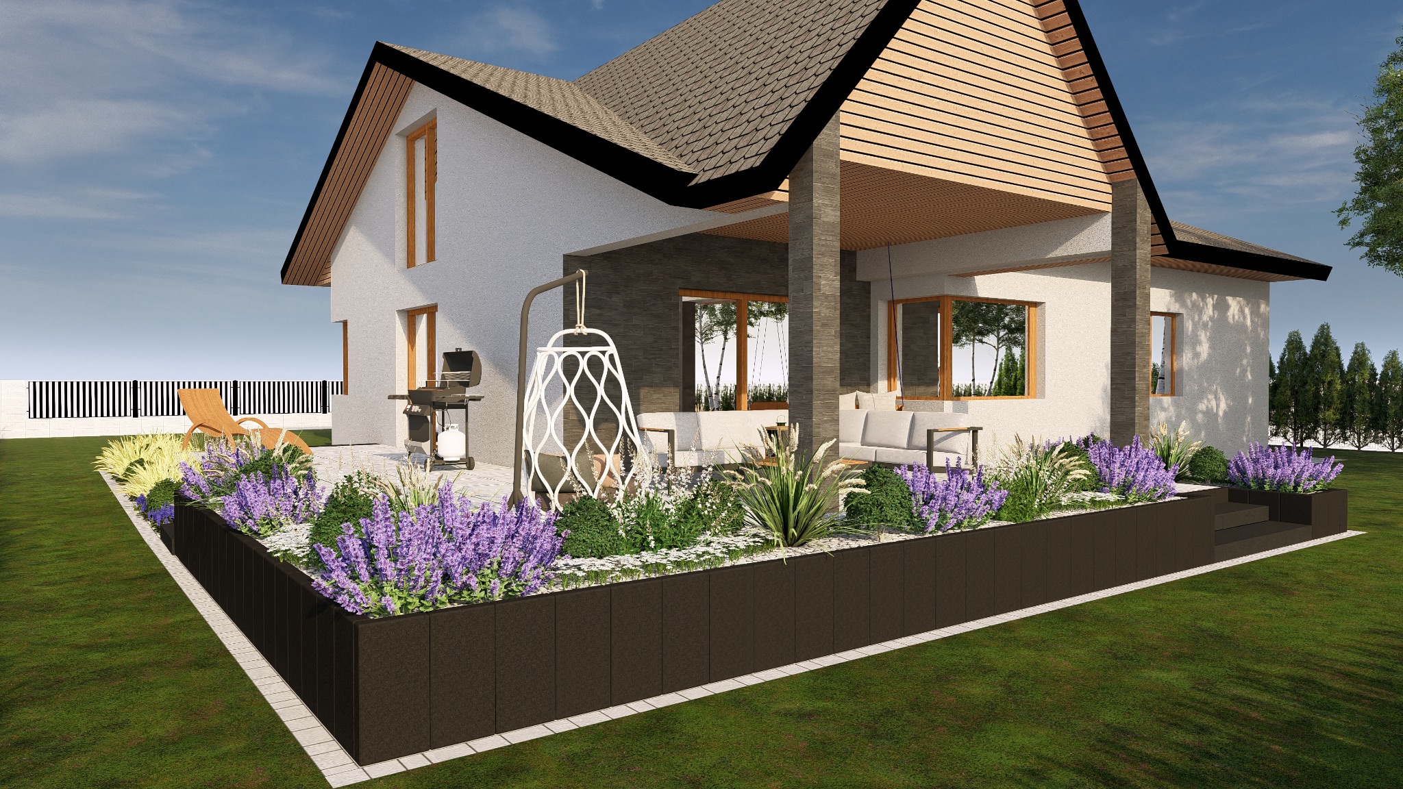 Wizualizacja projektu ogrodu z nowoczesną rabatą w podwyższonej donicy, kwitnącą lawendą, wiszącym fotelem i grillem przy białym domu z elementami drewnianymi.