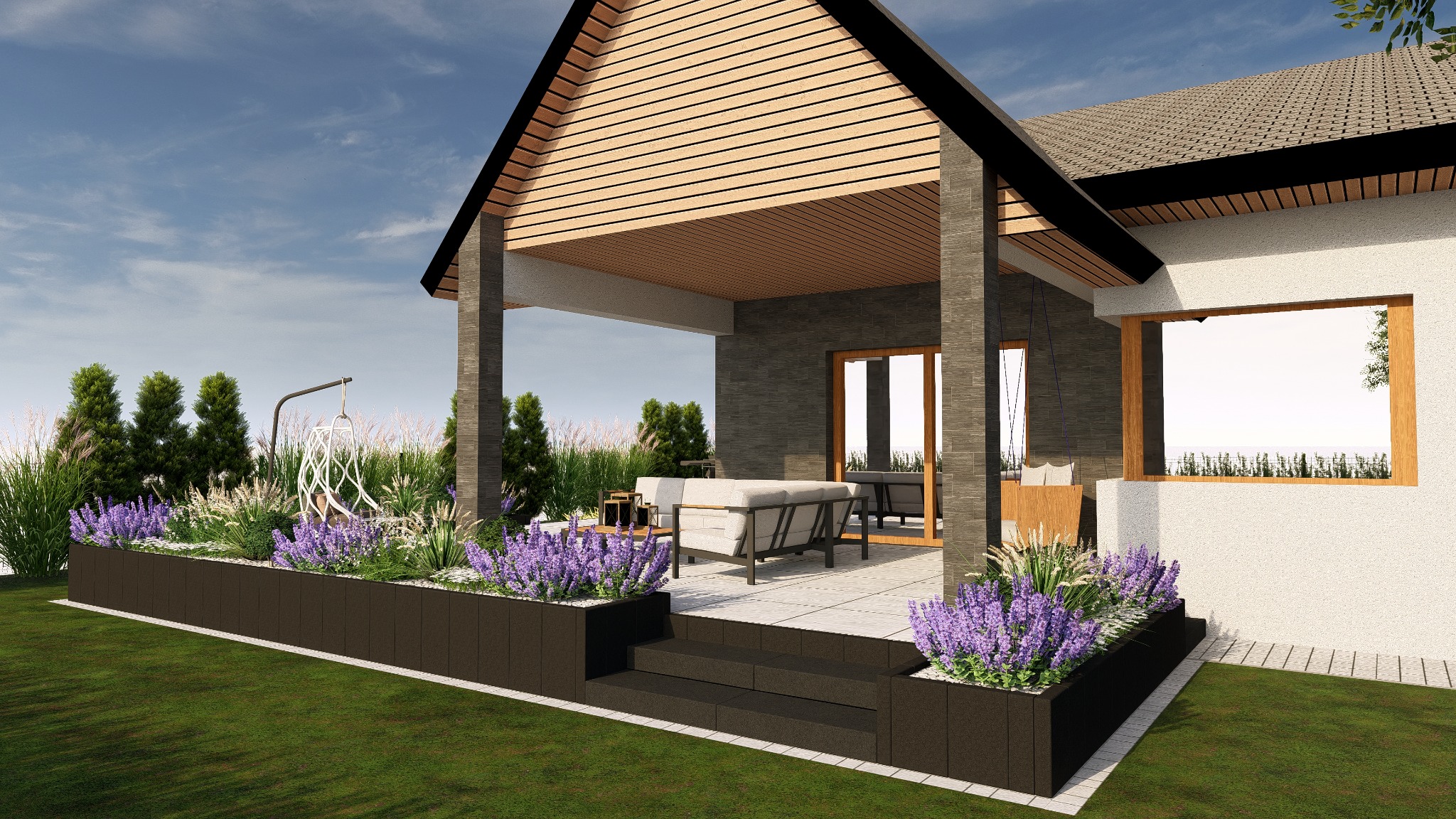 Wizualizacja tarasu z nowoczesnym domem, zawierająca podwyższone rabaty z kwitnącą lawendą, wiszące krzesło i meble ogrodowe, ukazuje przestrzeń relaksu na świeżym powietrzu.