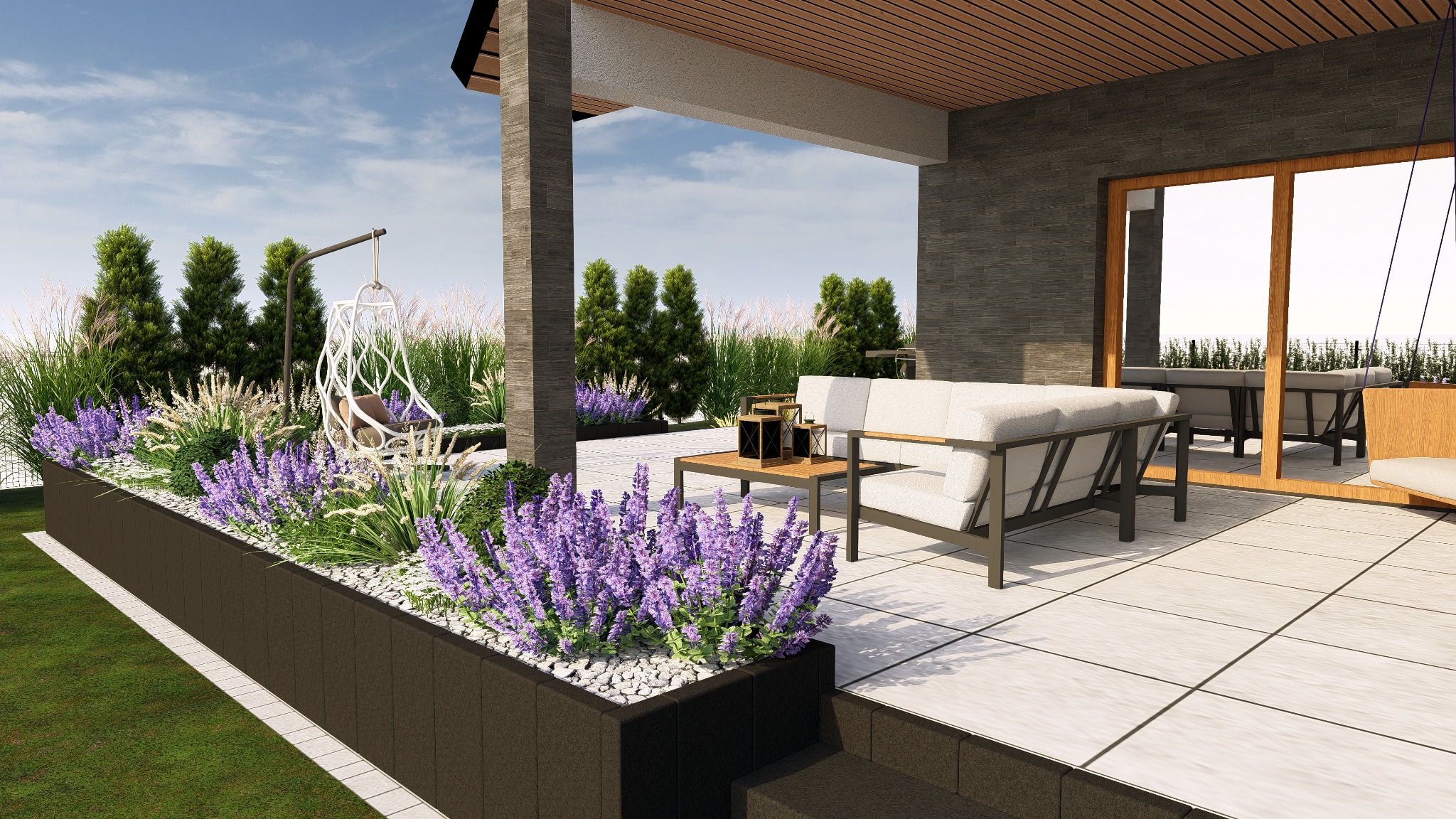 Wizualizacja tarasu z meblami ogrodowymi, lawendą w donicach i wiszącym fotelem typu kokon na tle zieleni.