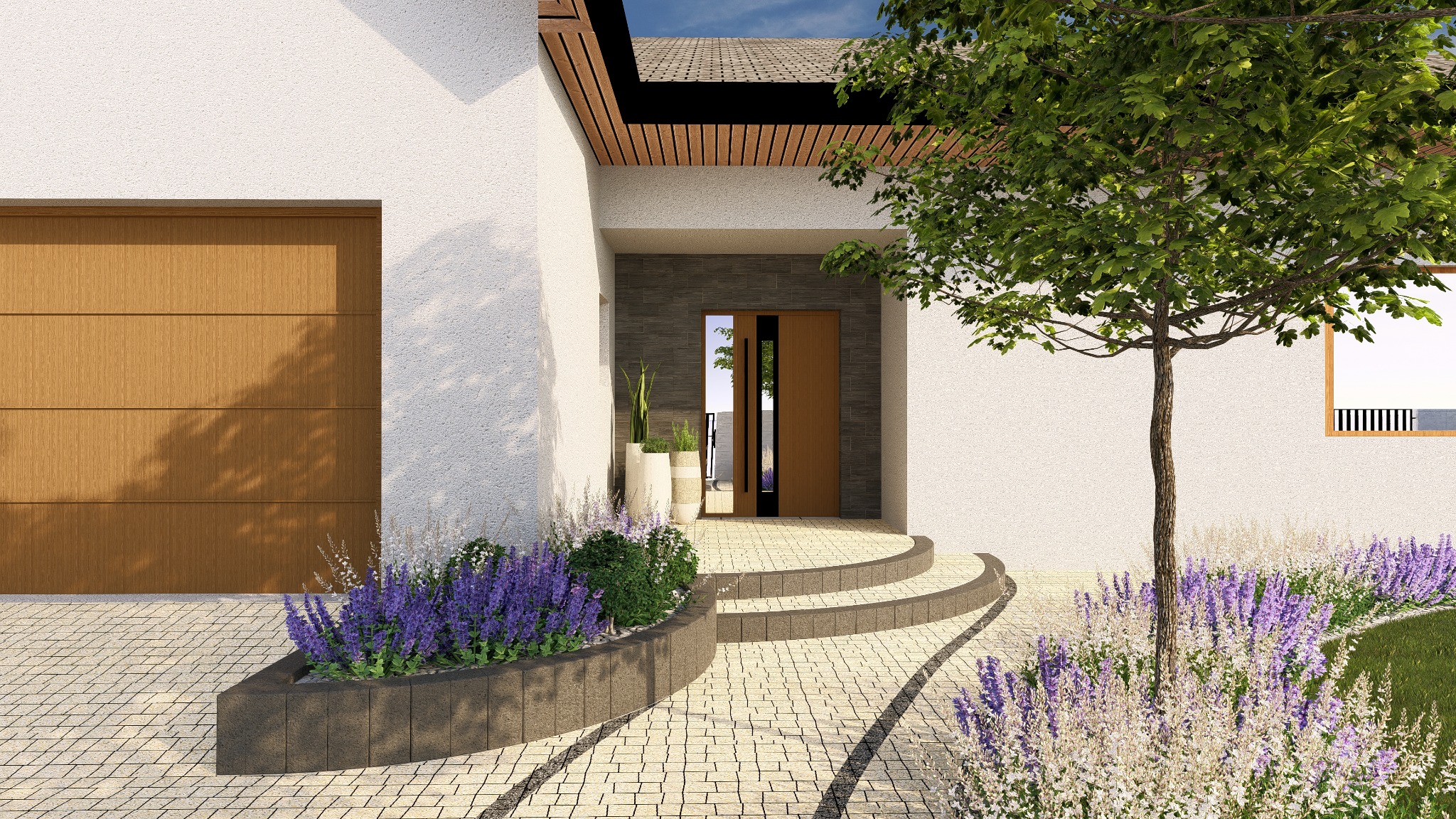 Nowoczesny dom z jasną elewacją, drewnianą bramą garażową i wejściem z kamiennymi schodami, otoczony rabatami z kwitnącą lawendą i drzewem.