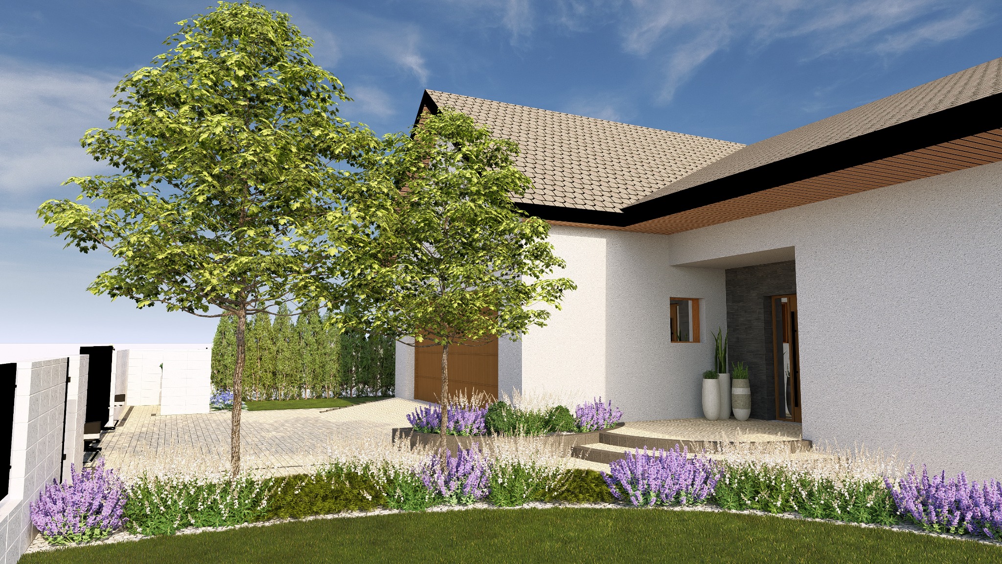 Wizualizacja domu jednorodzinnego z ogrodem, drzewami liściastymi i rabatami z lawendy, ukazująca projekt zagospodarowania terenu z kostką brukową i elementami małej architektury.