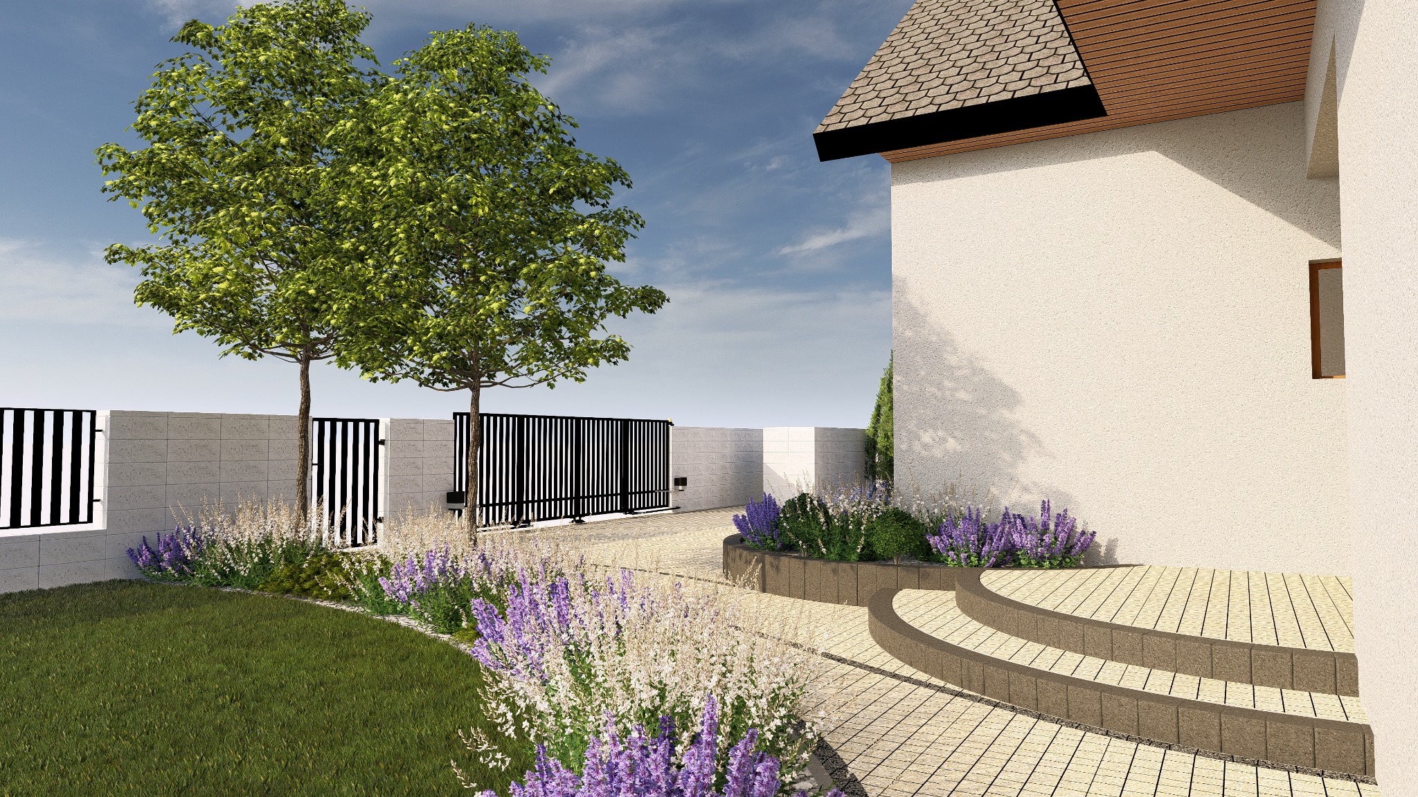 Wizualizacja ogrodu z automatyczną bramą wjazdową, kwitnącymi lawendami i schodami prowadzącymi do domu o jasnej elewacji i brązowych elementach dachu.