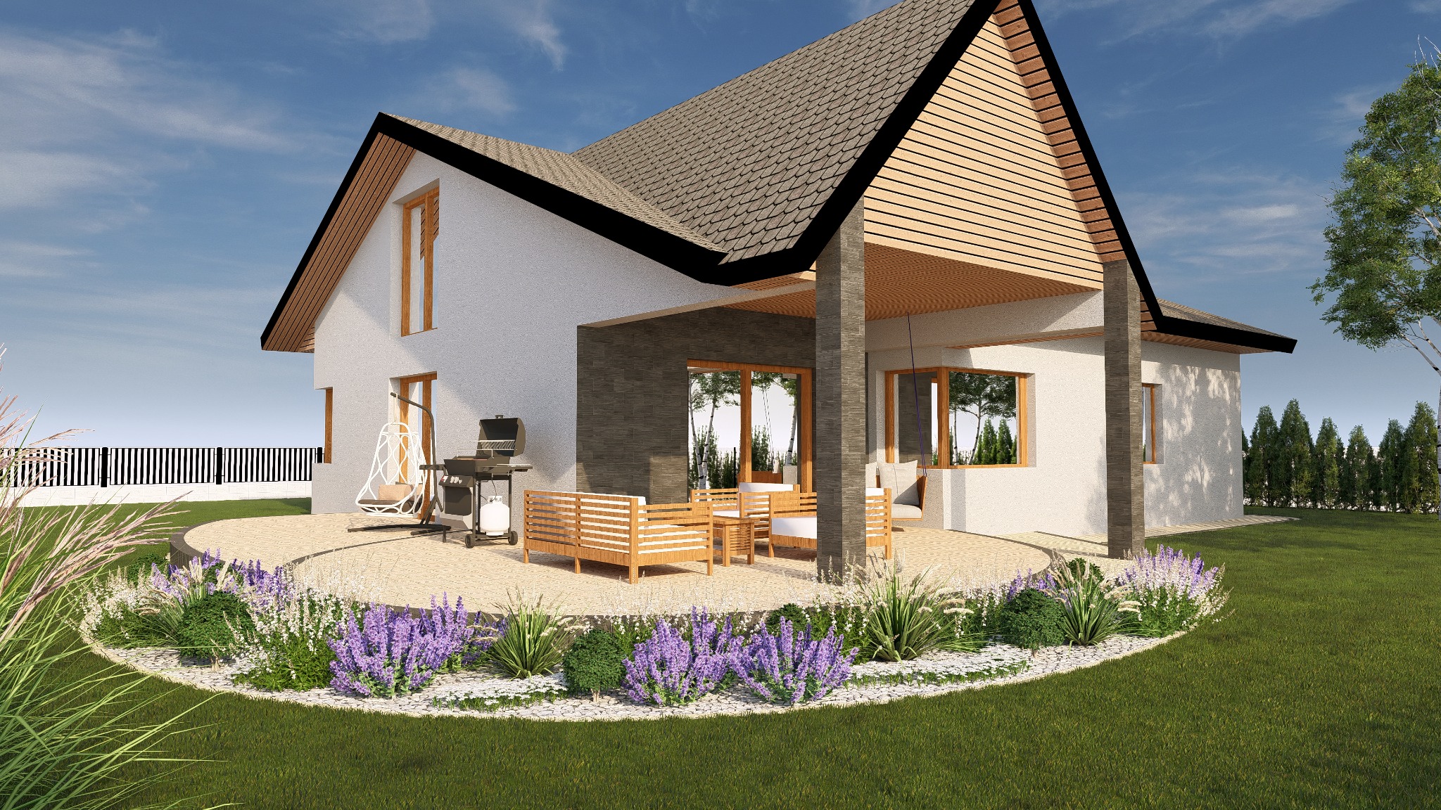 Wizualizacja domu z tarasem, drewnianymi meblami ogrodowymi i ozdobnymi rabatami z lawendy.