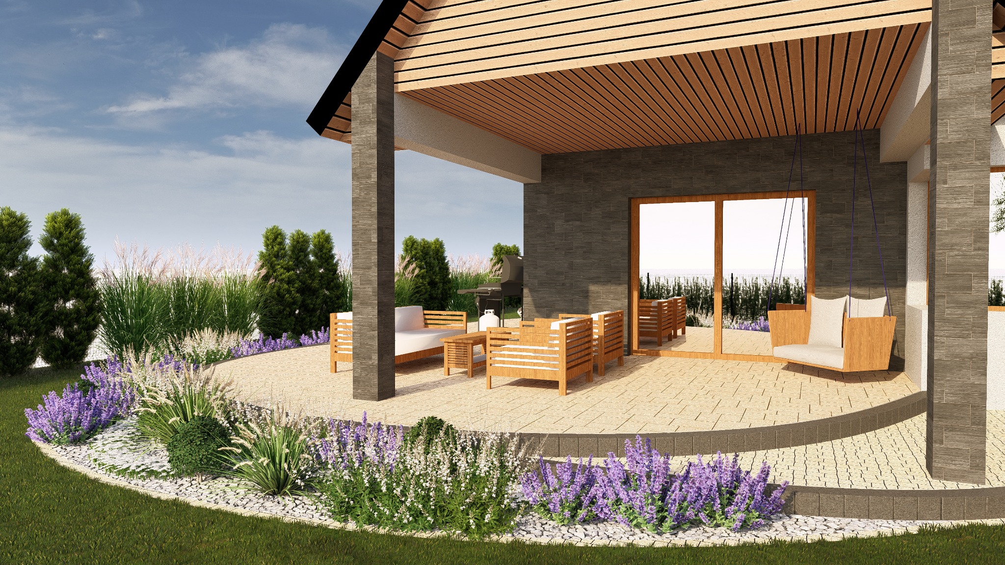 Projekt tarasu z drewnianymi meblami ogrodowymi, wiszącą huśtawką i rabatami kwitnących lawendowych i białych kwiatów.
